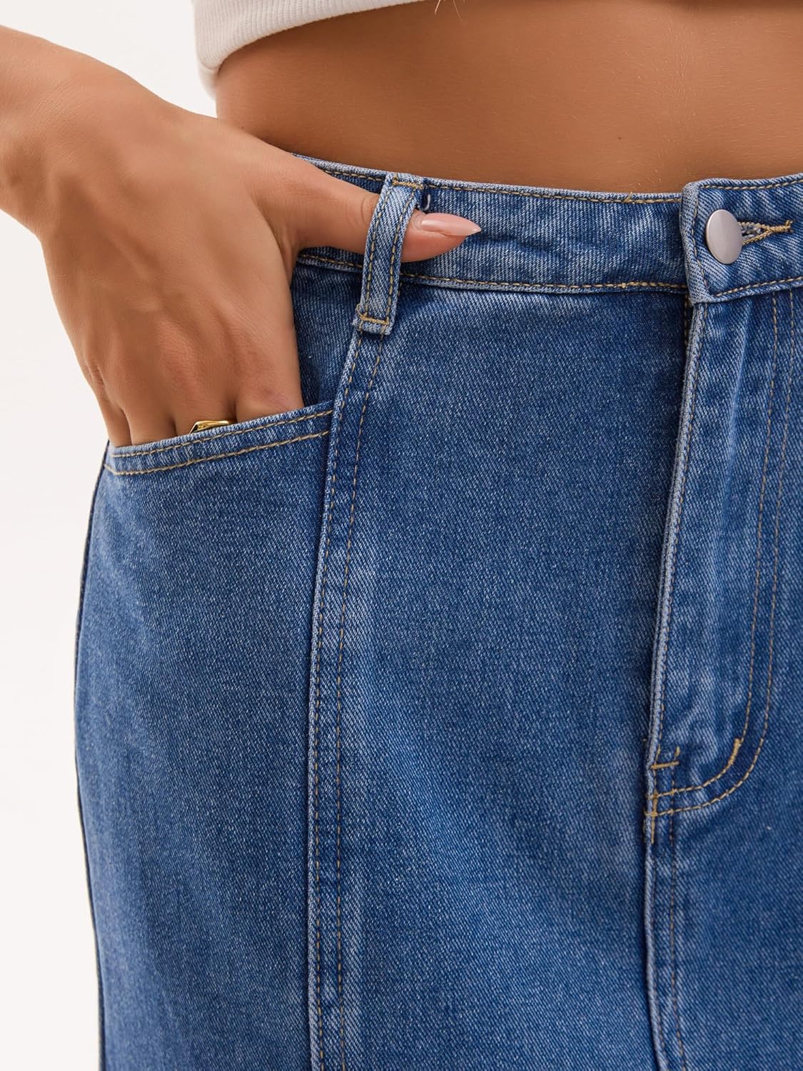 Women's Denim Skirt Casual High Waisted Ruffle Below Knee Fishtail Jean Skirts - Image 5