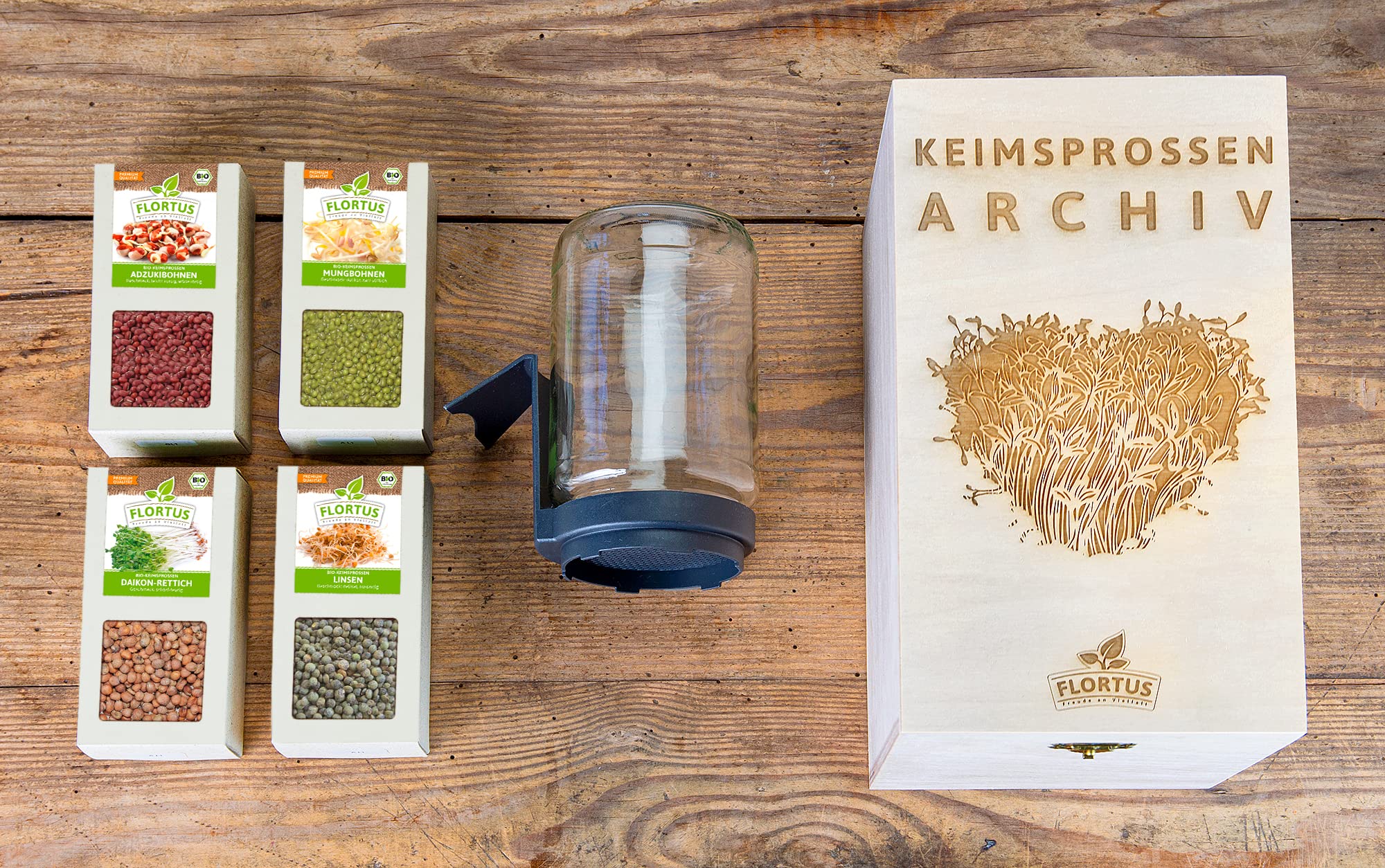 FLORTUS BIO Keimsprossen Archiv Geschenkbox - Asiatisch inkl. 4 Sprossensorten | Mungbohnen, Linsen, Adzukibohnen & Daikon Rettich | Geschenkset mit Sprossenglas | Keimsprossenbox Holzbox mit Deckel