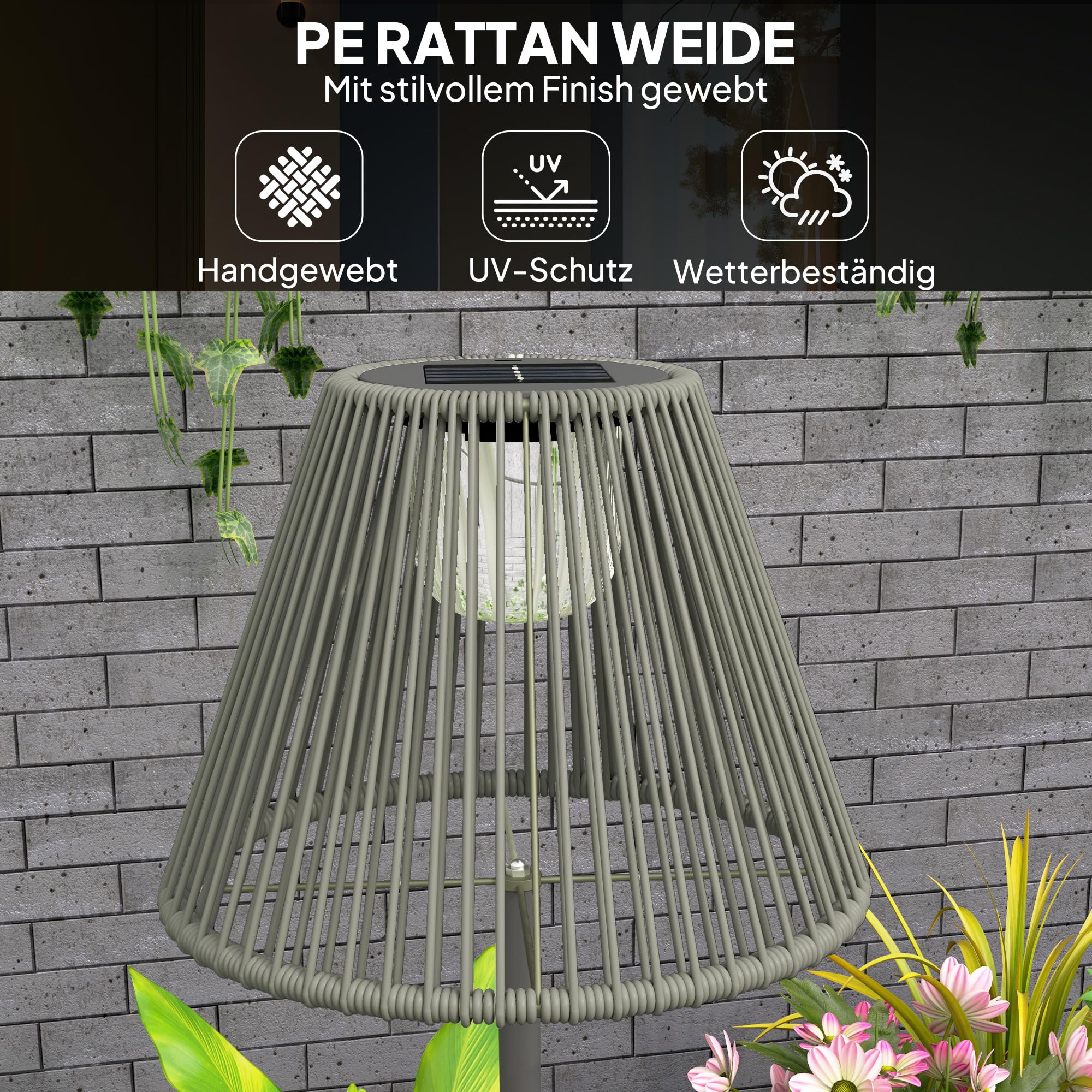 Outsunny Solar Stehlampe Rattan Solarleuchte 25 LEDs IP44 Wasserdichte Lampe Ø33x135 cm