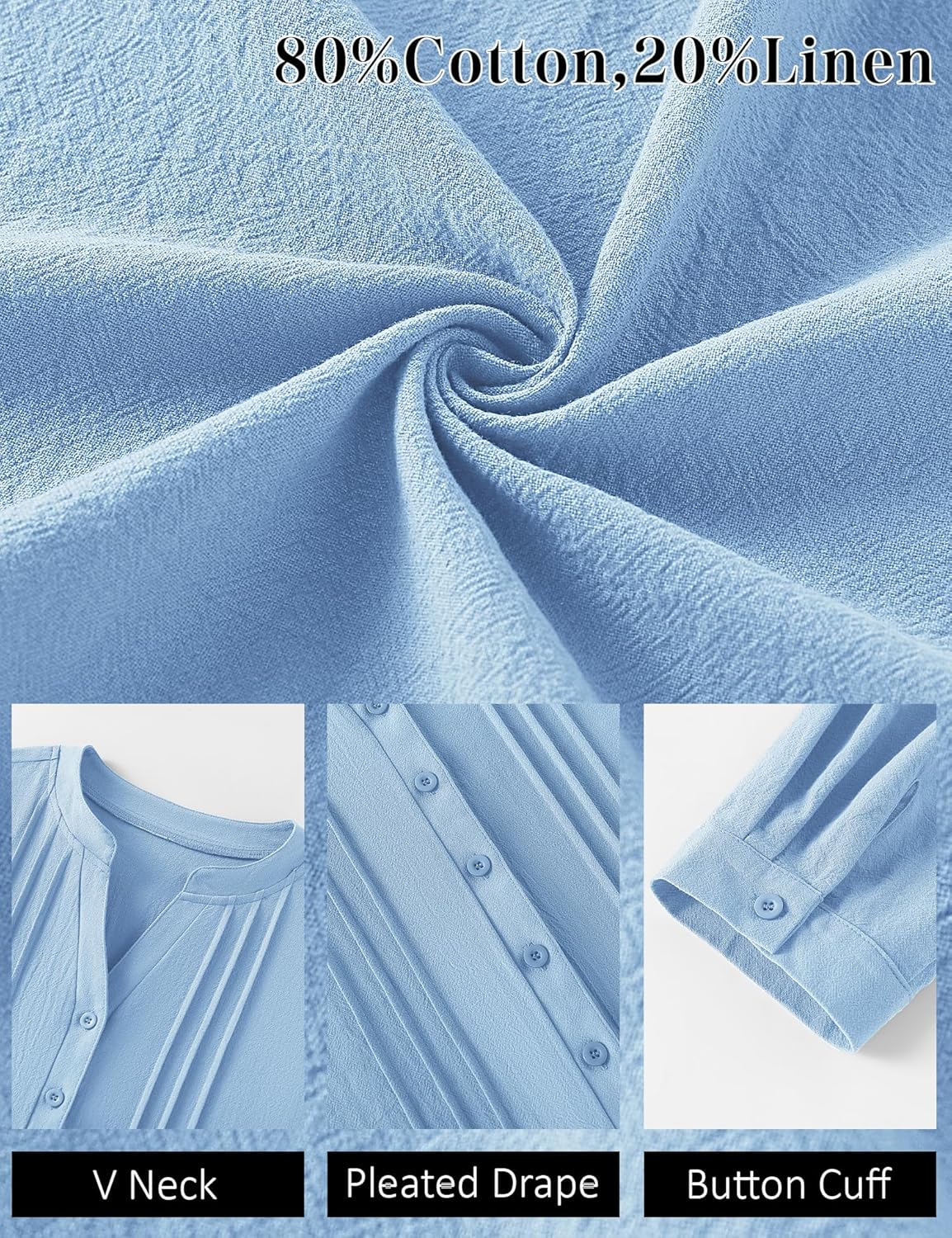 Micoson Womens 3/4 Sleeve Tops Cotton Linen Button Down Shirts V Neck Pleated Casual Loose Blouses Roll Up Sleeve Shirt - Image 5