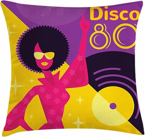 Lunarable Retro Throw Pillow Cushion Cover, Eighties Poster with Dancing Woman with Afro Hair Disco Record on Backdrop, Decorative Square Accent