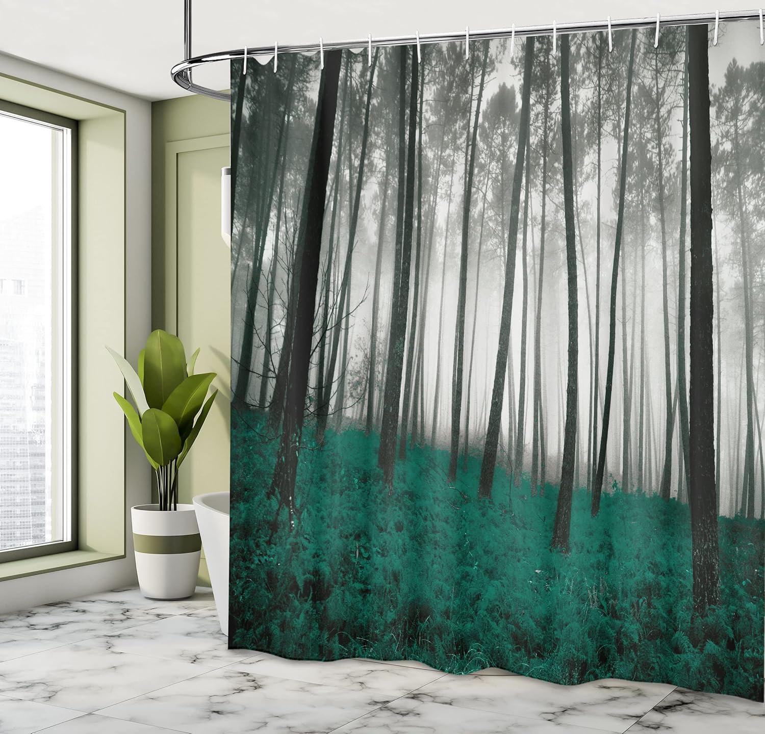 Ambesonne Forest Shower Curtain, Mystical Fantasy Woodland Under Heavy Fog Tall Trees Bushes Contrast Colors, Cloth Fabric Bathroom Decor Set with Hooks, 69" W x 70" L, Hunter Grey