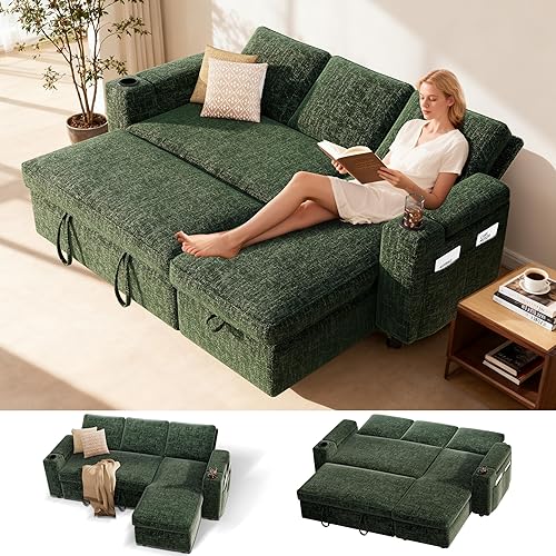 Sunny Heart L-Shaped Sleeper Sofa with Pull Out Bed, 82" Sectional Couch with Reclining Backrest, Reversible Storage Chaise, Armrest Storage, Cup Holders, and Side Pockets, Tool-Free Assembly, Green
