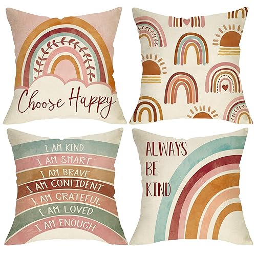 Boho Rainbow Inspirational Decorative Throw Pillow Covers 18 x 18
