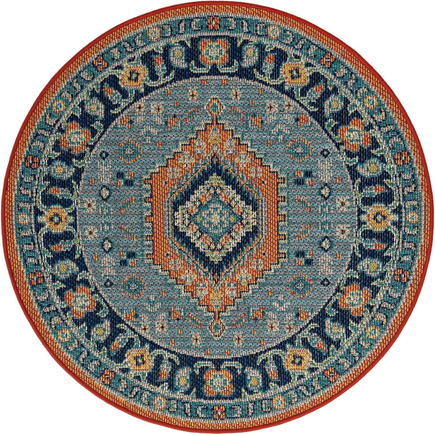 Rugs.com Baja Outdoor Collection Rug – 4 Ft Round Blue Medium-Pile Rug Perfect for Kitchens, Dining Rooms
