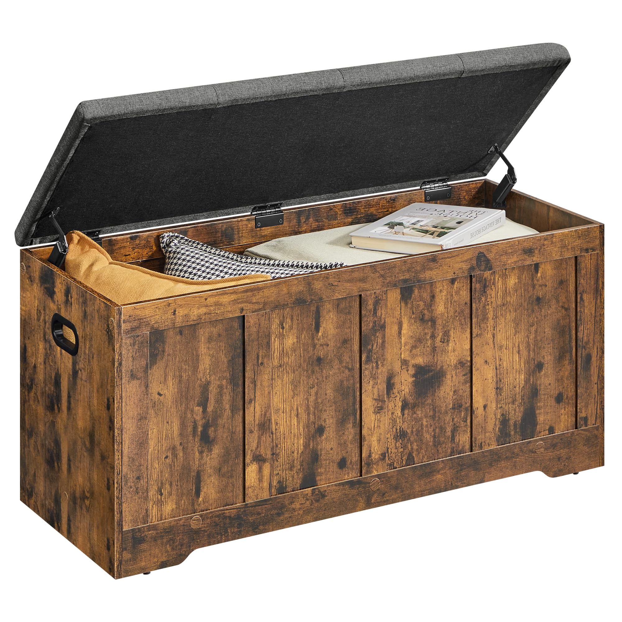 VASAGLE Storage Chest with Lid, 2 Safety Hinges, Farmhouse Shoe Storage Bench, for Hallway, Bedroom, Living Room, 41 x 101 x 49 cm, Rustic Brown and Slate Grey LSB068K102