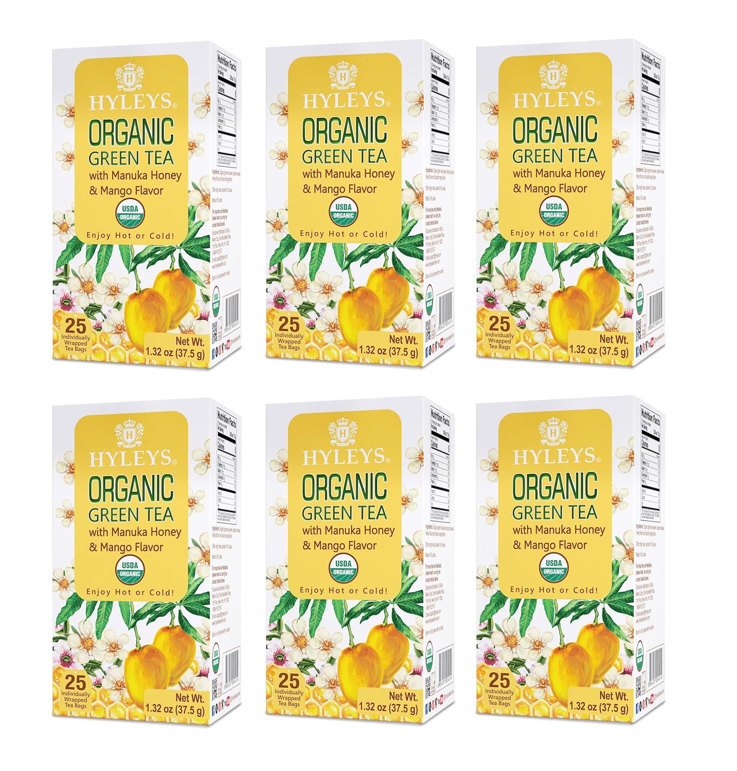Hyleys Organic Green Tea Manuka Honey and Mango Flavor - 25 Tea Bags - (6 Pack - 150 Tea Bags Total)