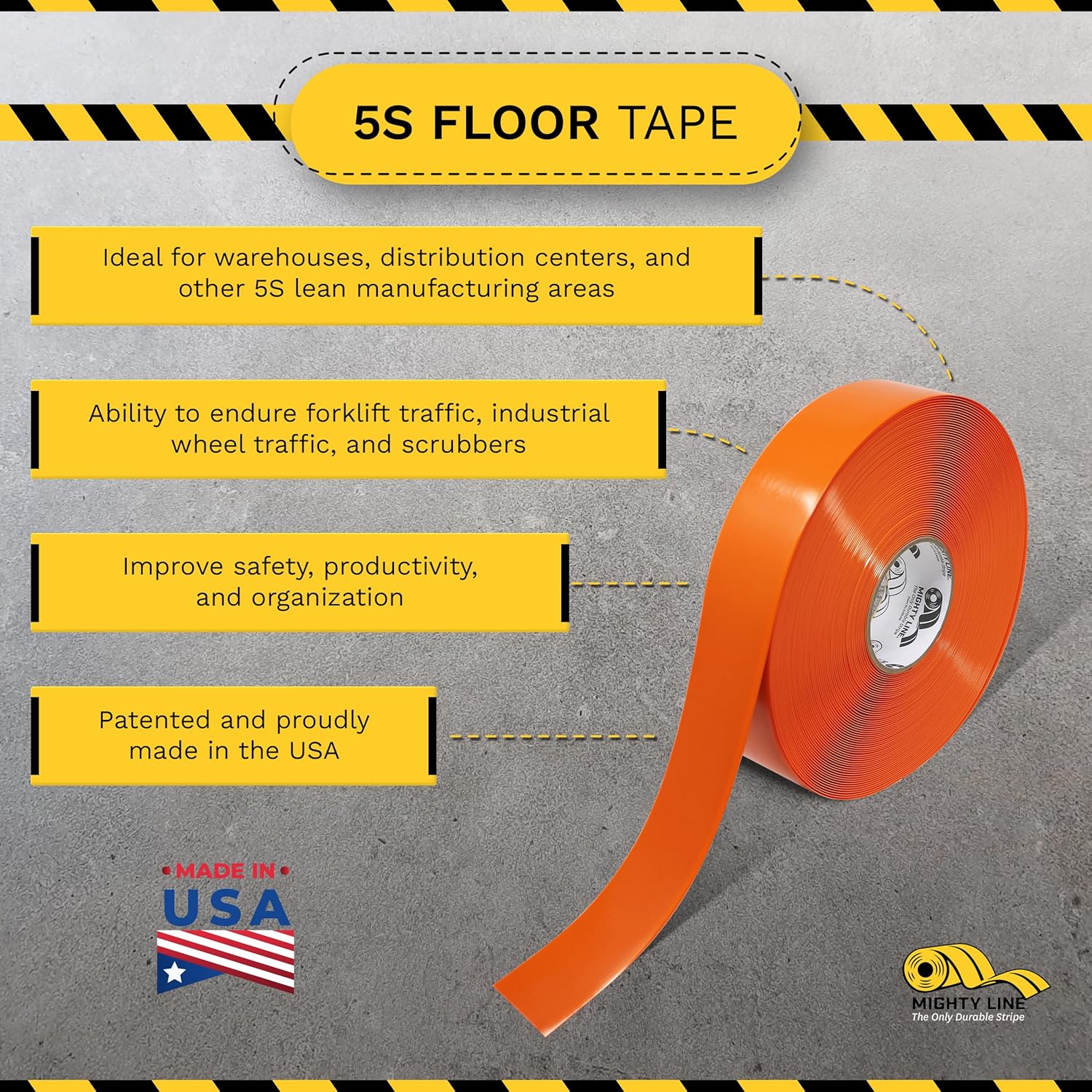 Mighty Line Solid Color 5S Floor Marking Tape for Industrial, Caution, Warning, Safety, Warehouse, Gym, Dance Floor, Line Set Marker, Flooring, Heavy-Duty Adhesive, 2 inch Wide, 100' Roll, Orange