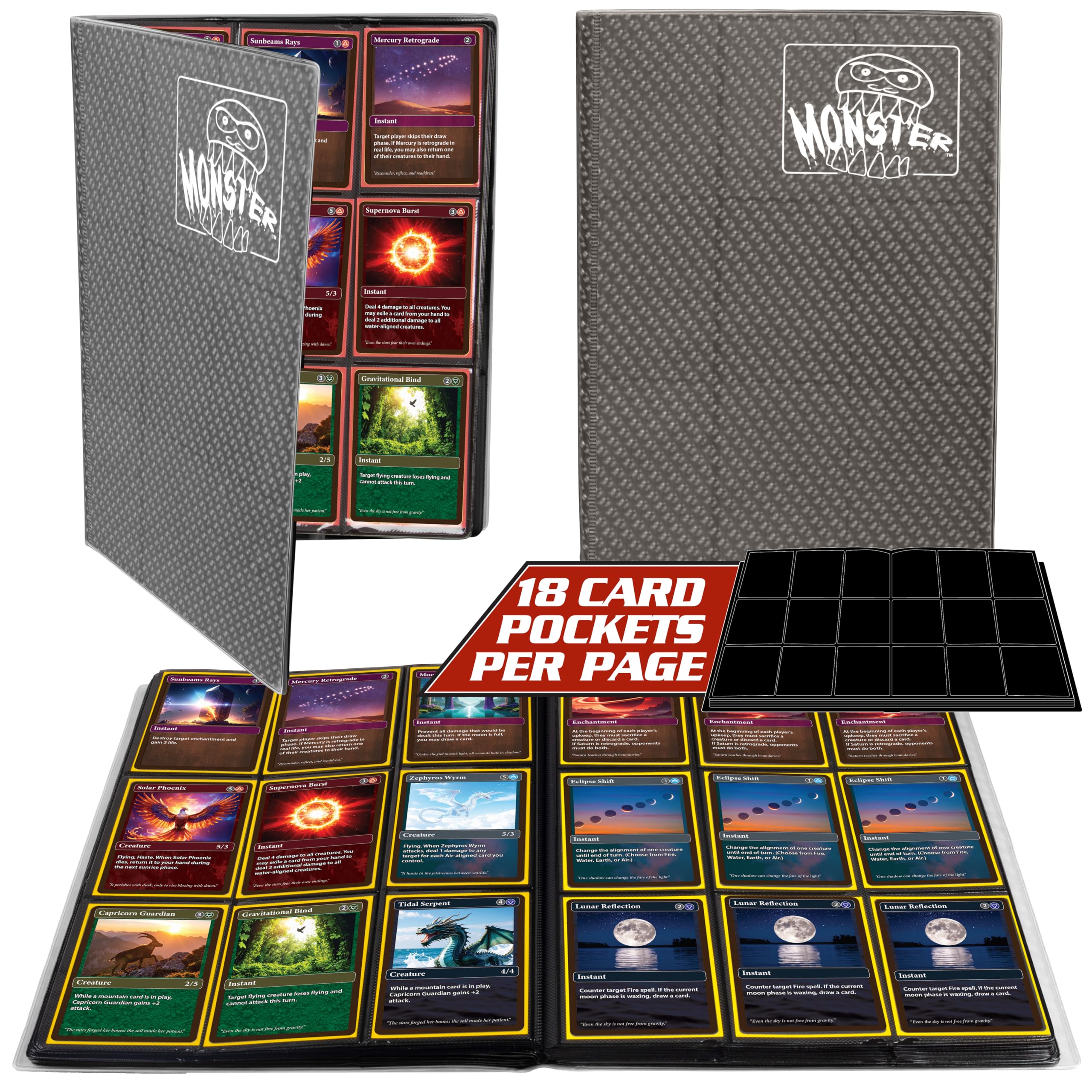 Monster 9 Pocket Trading Card Binder - Holofoil Gray Album, Anti-Theft & Anti-Drop TCG Protection w Side Loading Padded Pockets, Double Sided, Holds 360 Cards, For Sports, Gaming, Kpop, Gift
