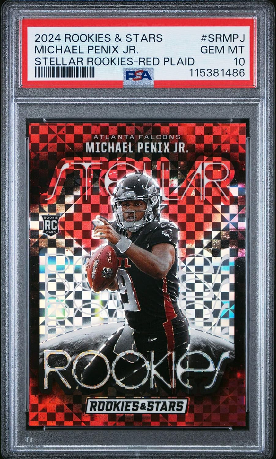 Graded 2024 Panini Rookies & Stars Michael Penix Jr #SRMPJ Stellar Rookies Red Plaid Rookie RC Football Card PSA 10 Gem Mint