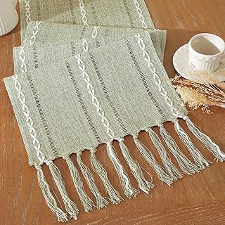 Farmhouse Decor Boho Table Runner with Macrame, Elegant Sage Green Coffe...