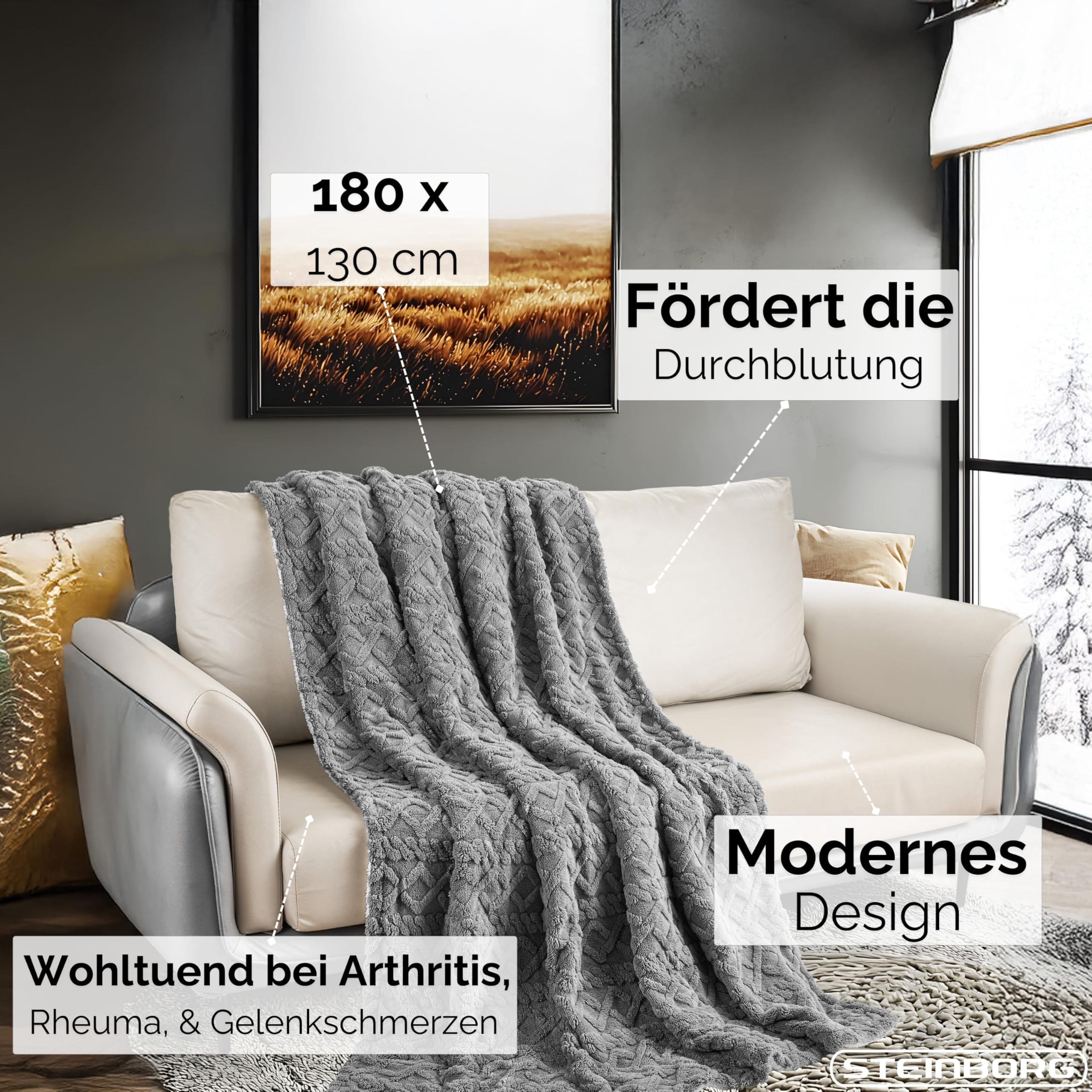 Steinborg® Heizdecke 180x130 cm mit Abschaltautomatik – Elektrische Kuscheldecke für Bett & Sofa, Wärmedecke mit 9 Heizstufen, maschinenwaschbar, weiche Wärmezudecke