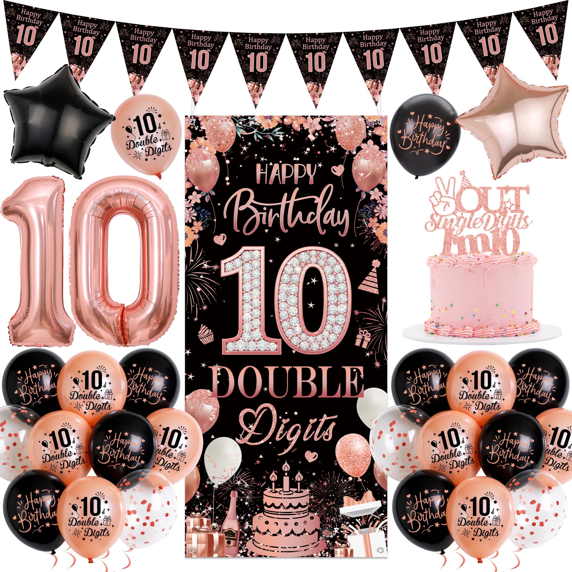 10th Birthday Decorations for Boys Girls - Black Rose Gold Happy 10th Birthday Banner and Pennant Flags, Star Number 10 Foil Balloons and Cake Topper for 10 Years Old Children Party Supplies