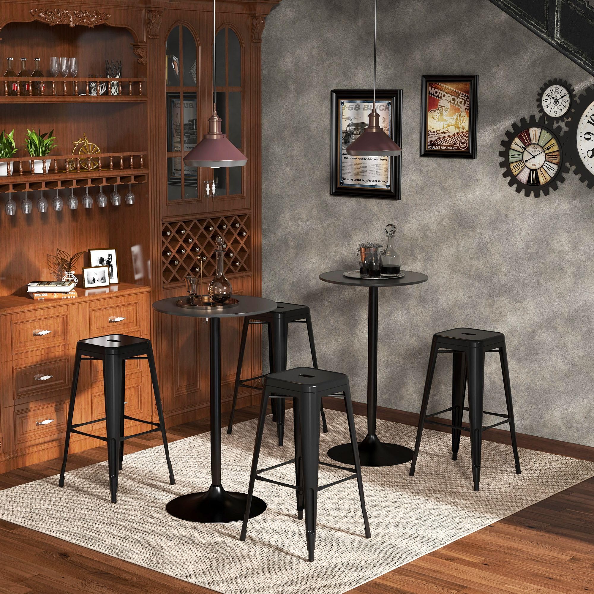 HOMCOM 4 Taburetes de Bar Apilables con Reposapiés 43x43x76 cm Negro | Estilo Industrial, Aptos para Interiores y Exteriores, Carga Hasta 120kg