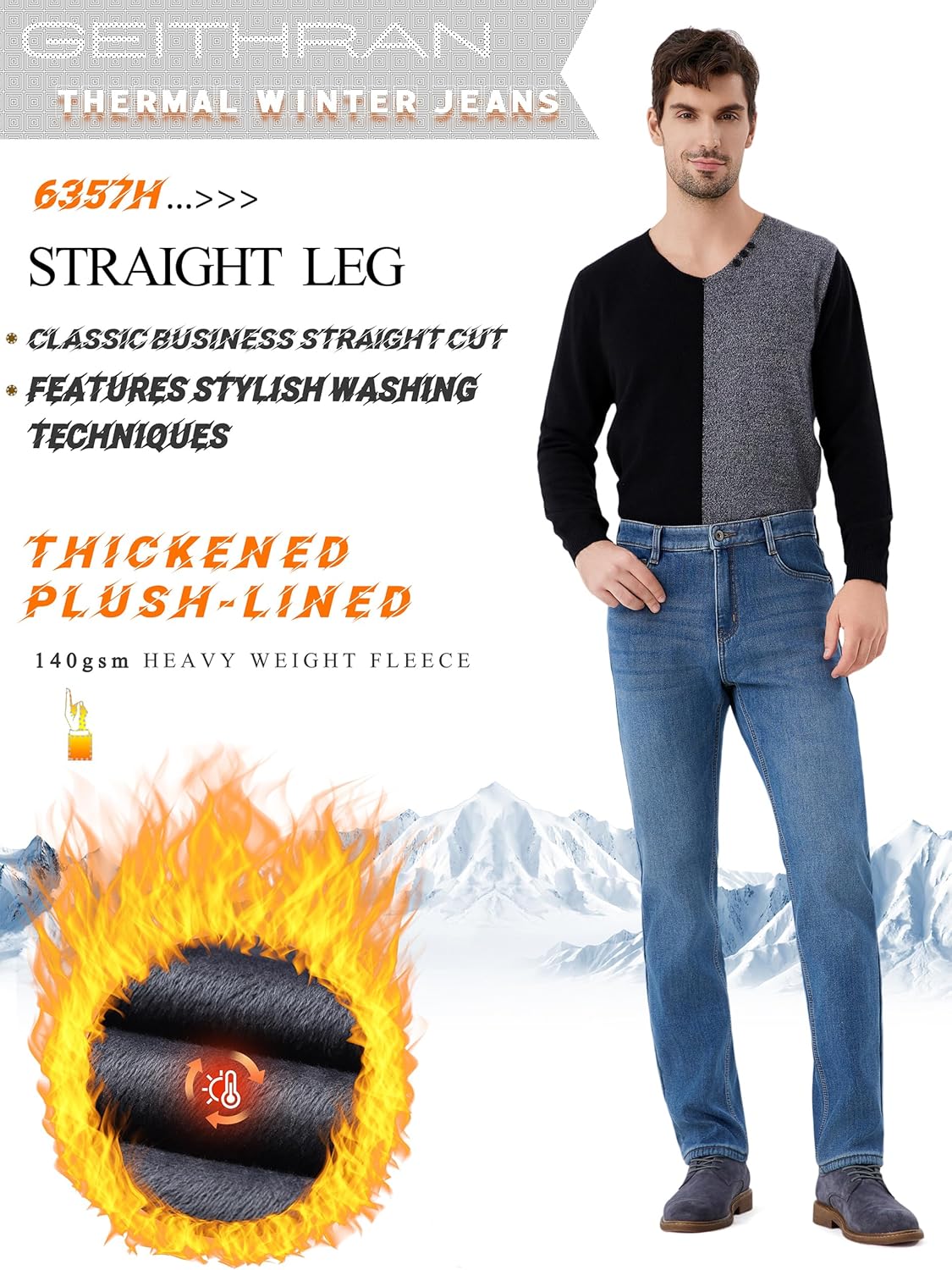 Thermal Stretch Jeans for Men Fleece Lined Winter Pants Regular Fit Business Casual - Image 2