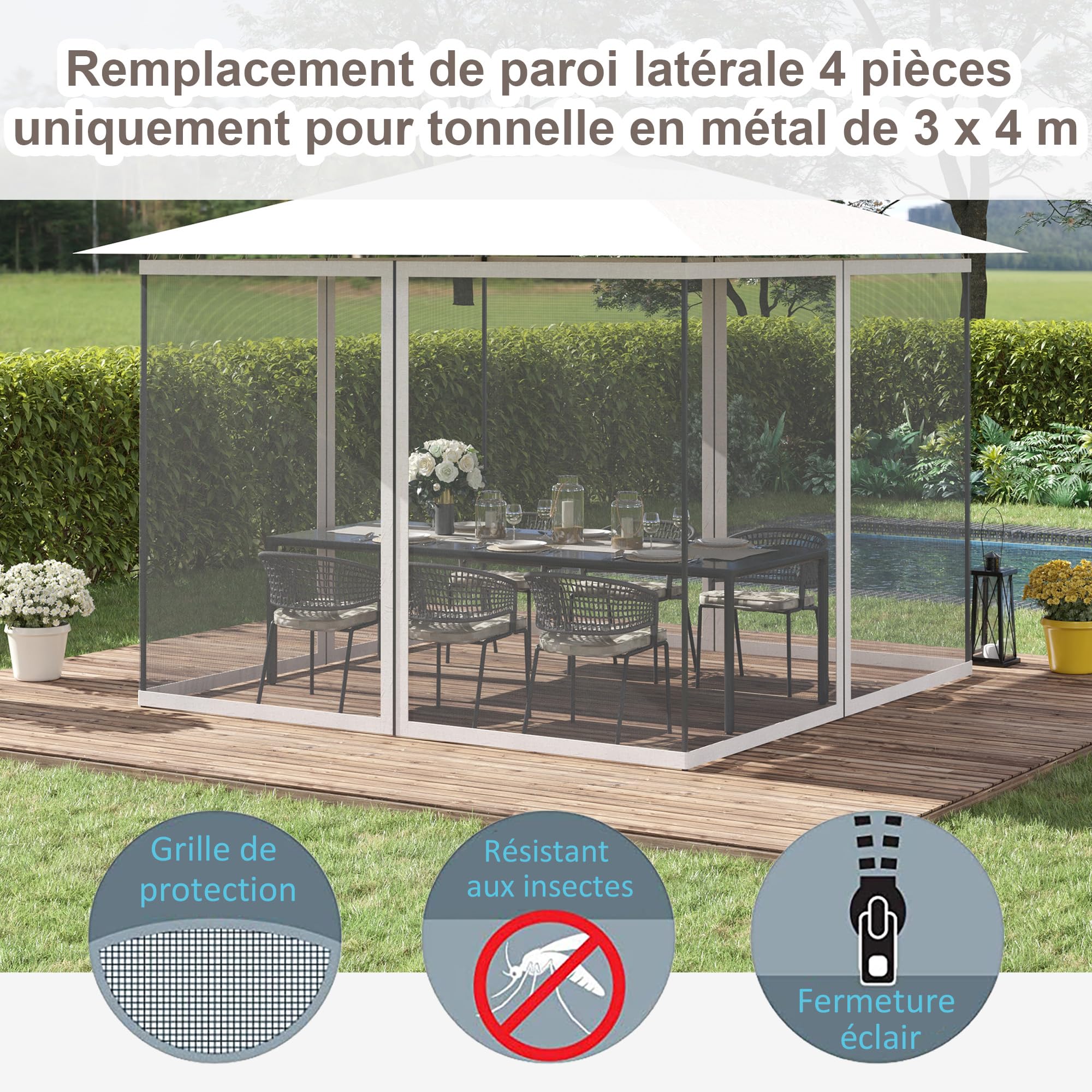 Outsunny Mosquiteras para cenador barnum 3 x 4 m - Set de 4 mosquiteras con Cremallera + Ganchos de fijación - poliéster Nylon
