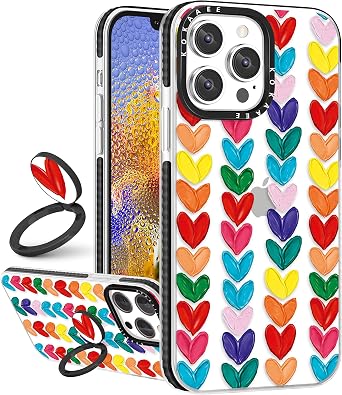 2in1 for iPhone 14 Pro Case Heart for Women Girls Girly Cute Phone Cases Love Hearts Design Rainbow Colorful Soft TPU Bumper Fashion Cover+Ring Holder for iPhone 14Pro 6.1"
