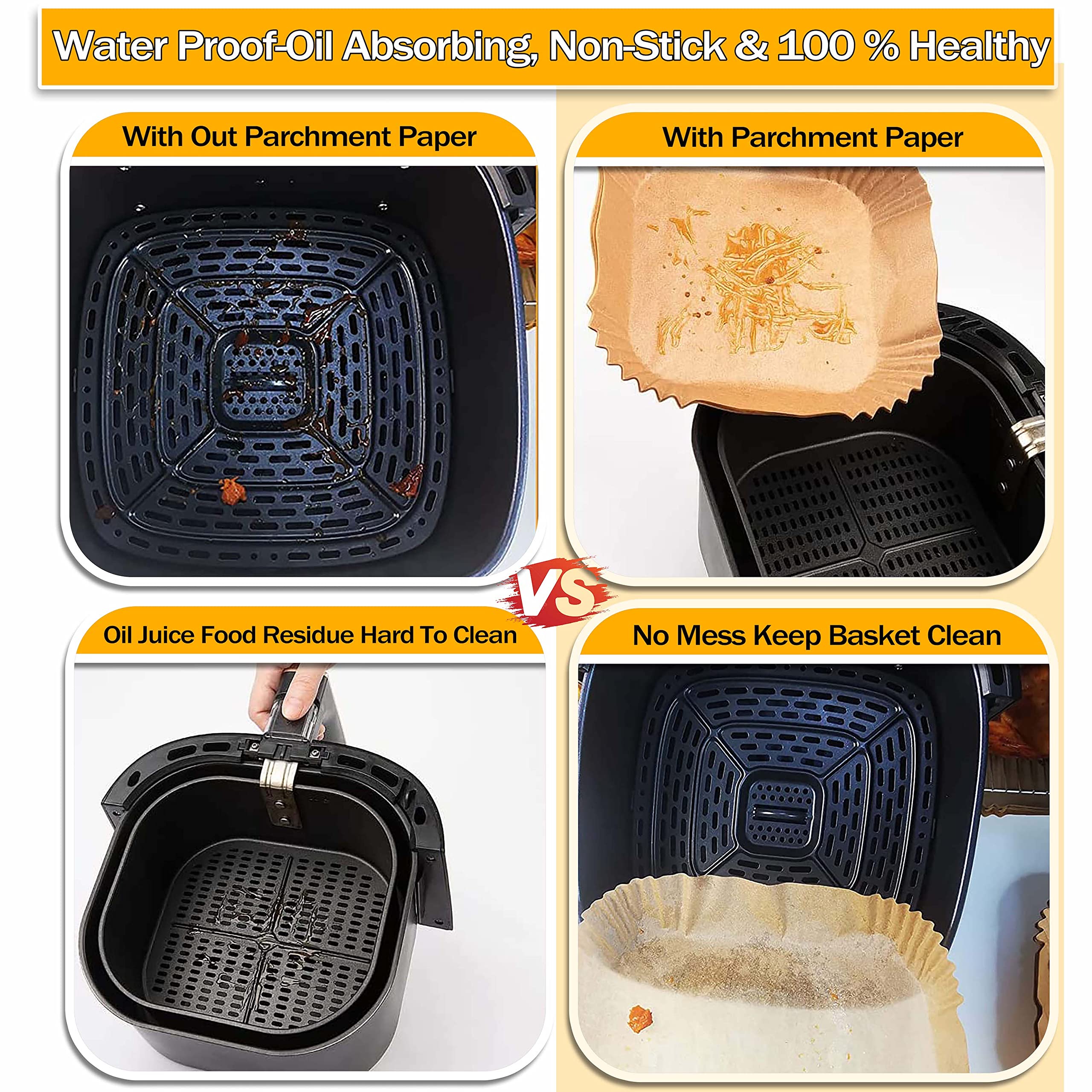 Air Fryer Wegwerp Papier Liners Vierkant [100 Pack], 7,9 Inch Air Fryer Perkament Papier Liner, Non-Stick Air Fryer Paper Pads Oliebestendig, Waterdicht, Food Grade Bakpapier voor het roosteren van