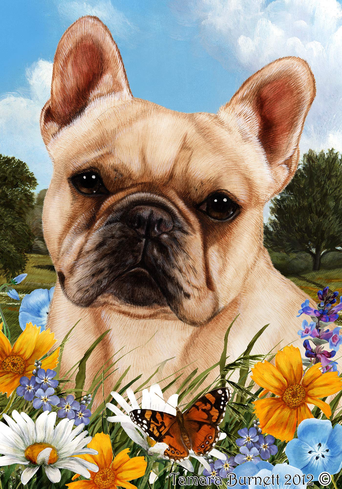 Drapeaux Français Bulldog crème et fleurs de jardin pour une décoration extérieure d'été réussie