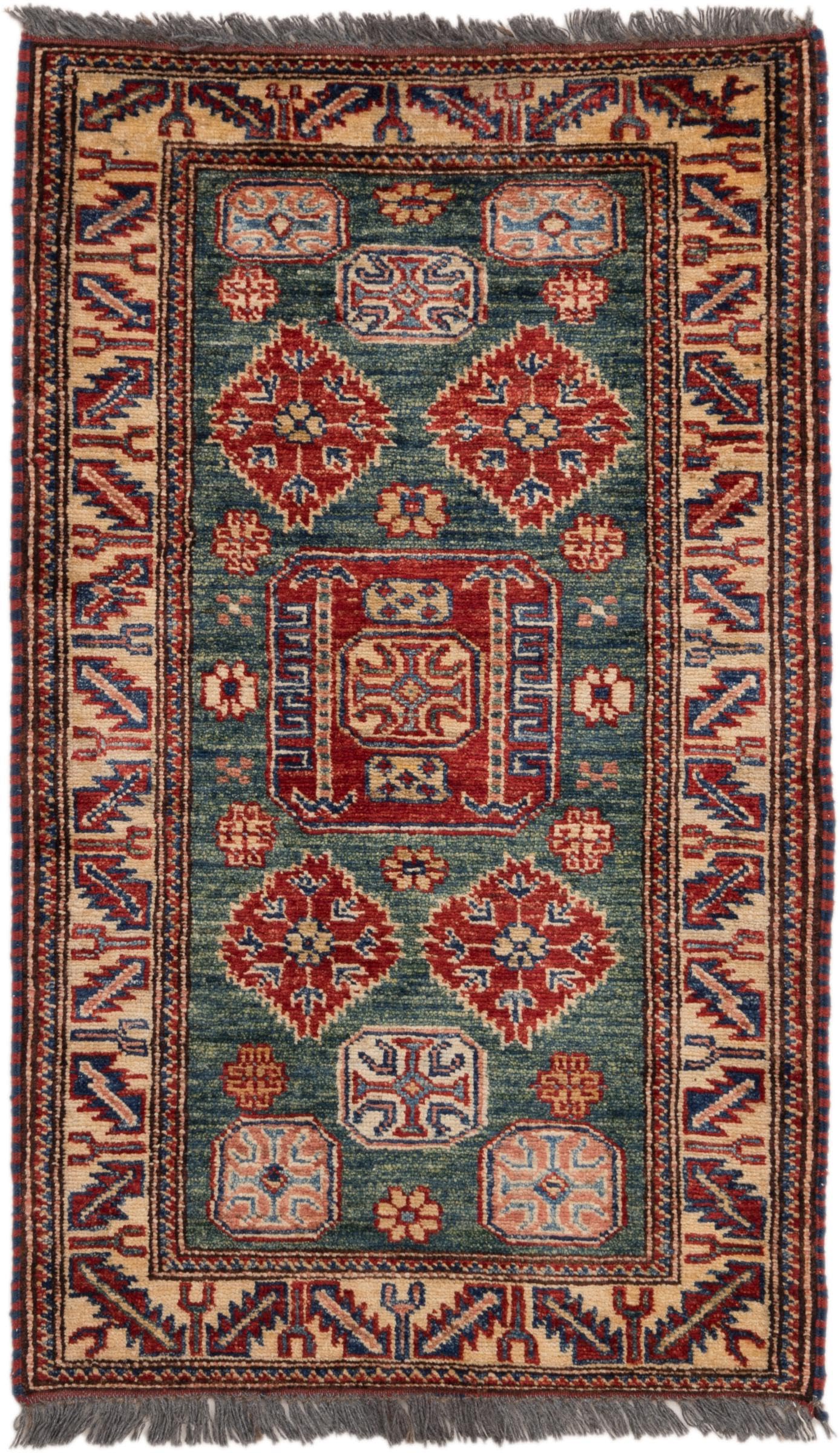 Tapis en laine Kazak noué à la main, format compact 64x91 cm d'une densité rare