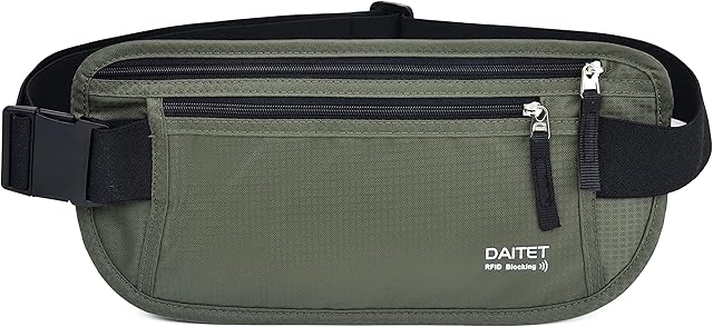 DAITET Pasek na pieniądze - etui na paszport, bezpieczny ukryty portfel podróżny z blokadą RFID, ukryta saszetka nerka, Czarny ciemnooliwkowy zielony, Rfid Blocking & Belt Wide:1.45Inch, Blokowanie RFID i szerokość 3,7