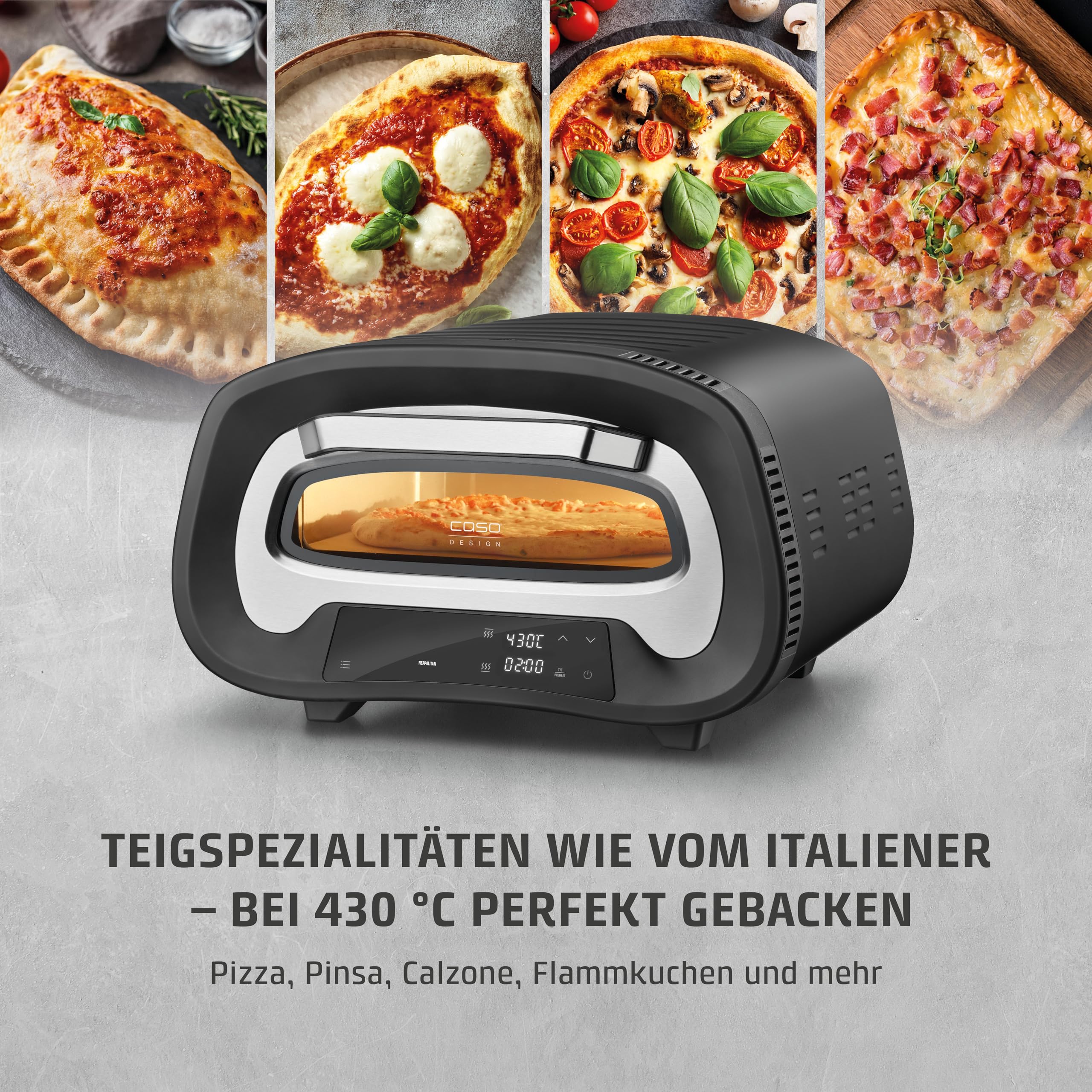CASO PizzaChef 430° - elektrischer Pizzaofen, 80-430°C, mit Pizzastein | 8 Automatikprogramme, Cordierit Pizzastein (33x33cm), einstellbare Heizelemente, Innenraumbeleuchtung, Timer, Edelstahl
