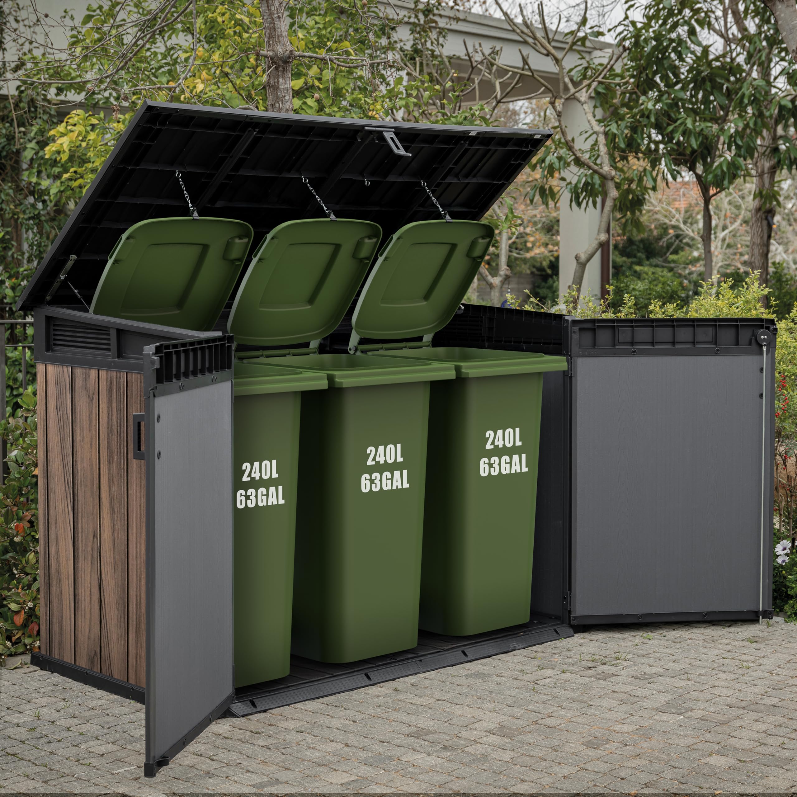 Keter Signature Gartenschrank, wetterfest, 2020 L Stauraum, abschließbar, mit Gasdruckfedern, Rosenholz-Optik, 190,5 x 109,3 x 132,5 cm, Mülltonnenbox für 2X 360l Tonnen