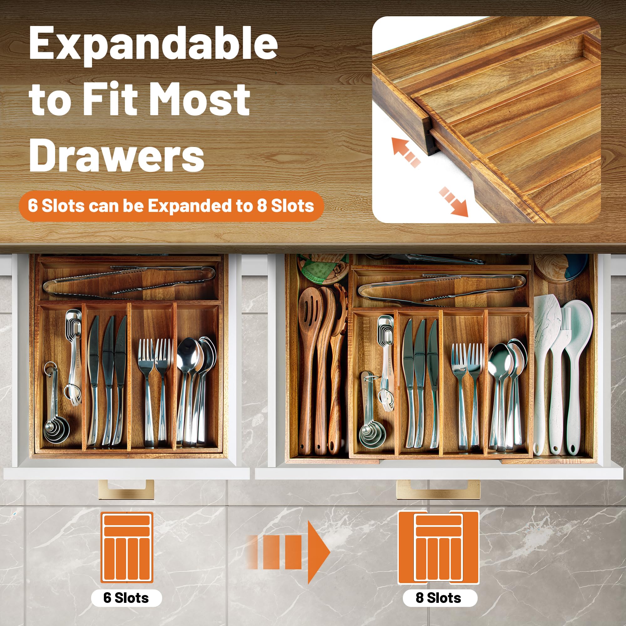 KITEISCAT Organizador de cubiertos expandible de madera de acacia, organizador de cajones de utensilios de cocina para tenedores y cucharas, bandeja de cubiertos de 8 compartimentos, soporte para