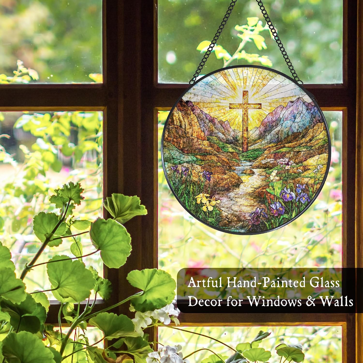 Cross Valley Wildflowers Stained Glass Window Hanging Suncatcher, Christian Sunset Sun Catcher Indoor Window Decor Gifts, Religious Painted Glass Round Wall Hanging Decorations 7.8x7.8 in