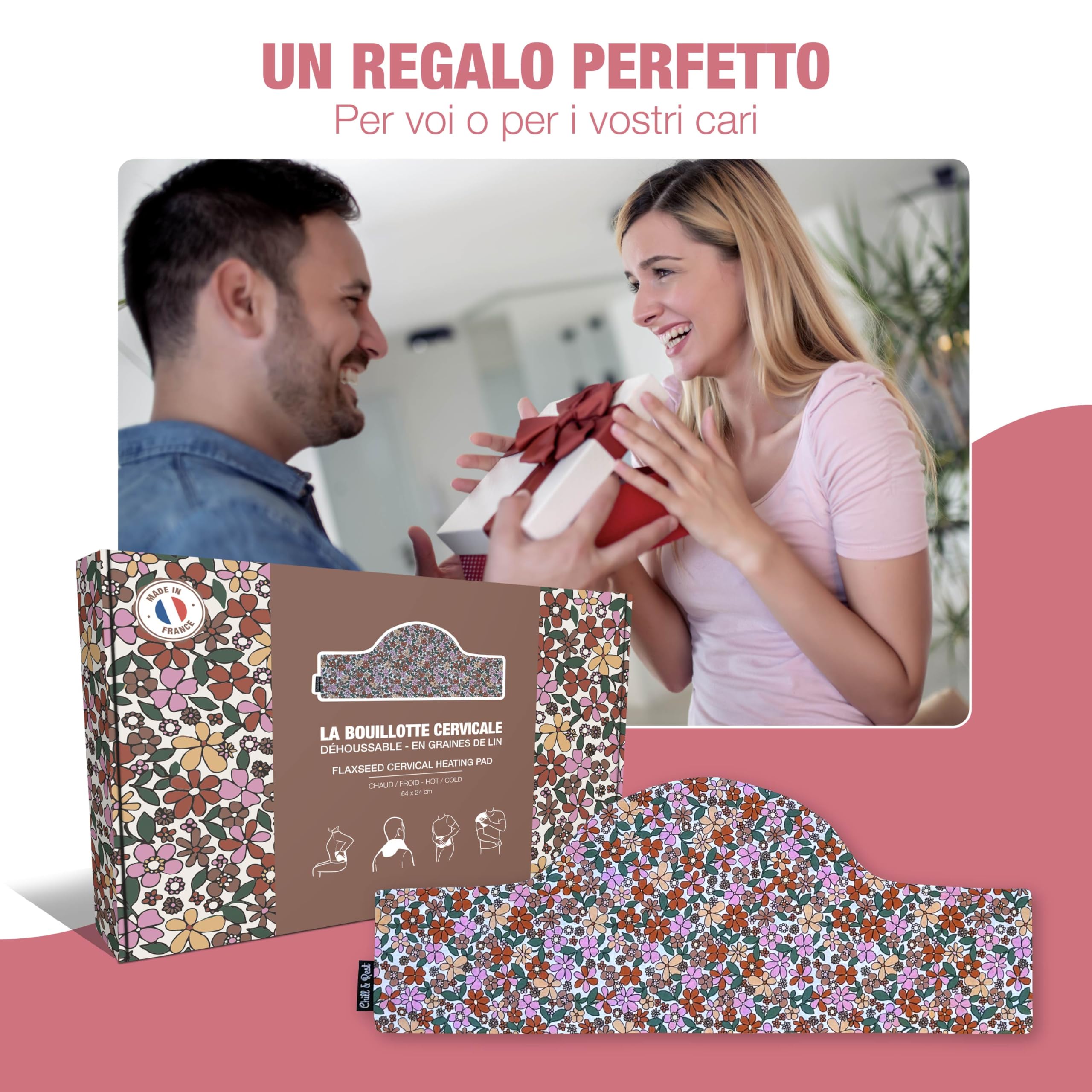 Chill&Rest - Cuscino termico microonde - semi di lino - cuscino termico cervicale - dolori mestruali - Prodotto in Francia - cuscino riscaldabile microonde - Rosa - La Florale