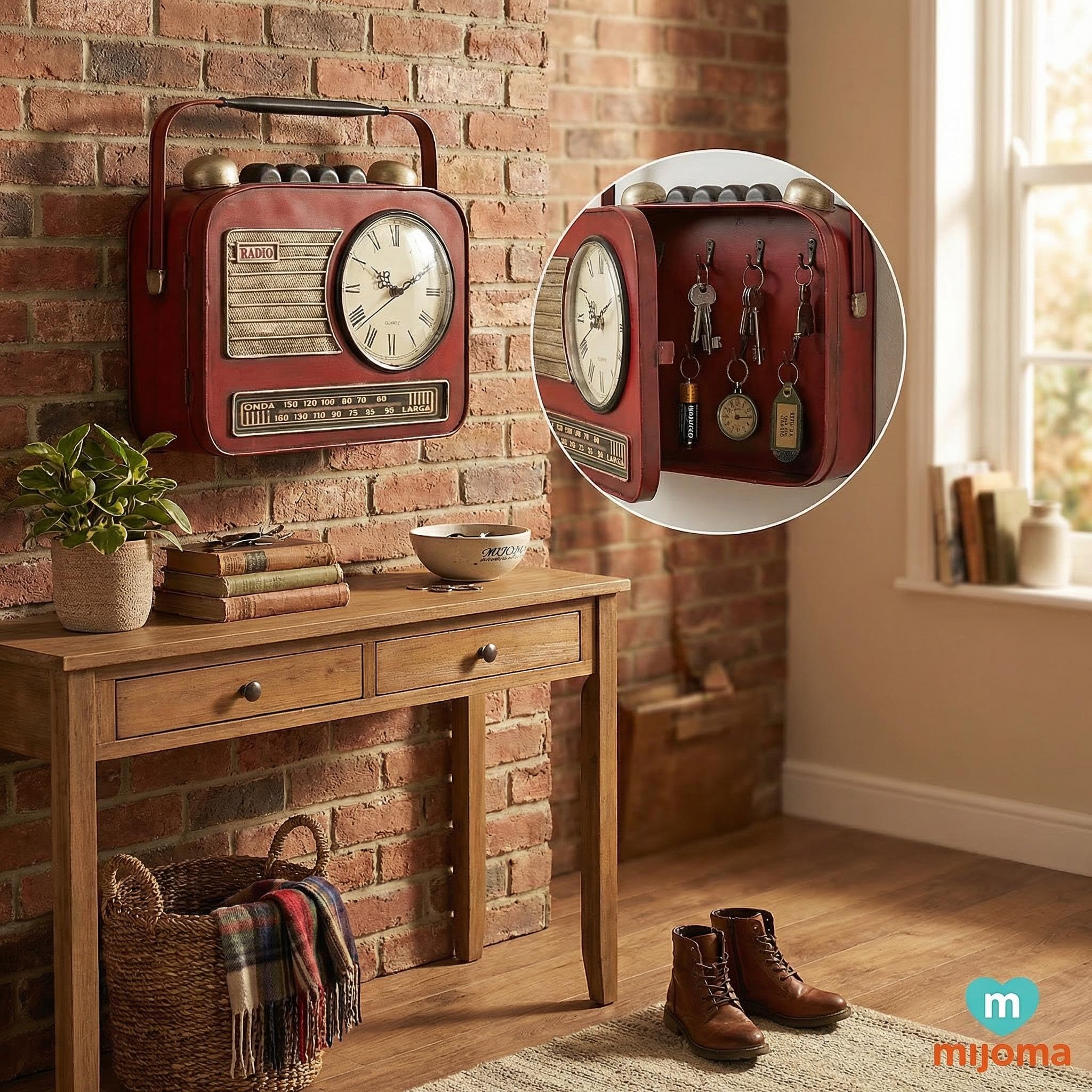 MIJOMA Schlüsselkasten Retro-Radio mit Uhr 28x29x7 cm – Metall für Wandmontage – dekorative Aufbewahrung im Vintage Stil für Flur Eingangsbereich