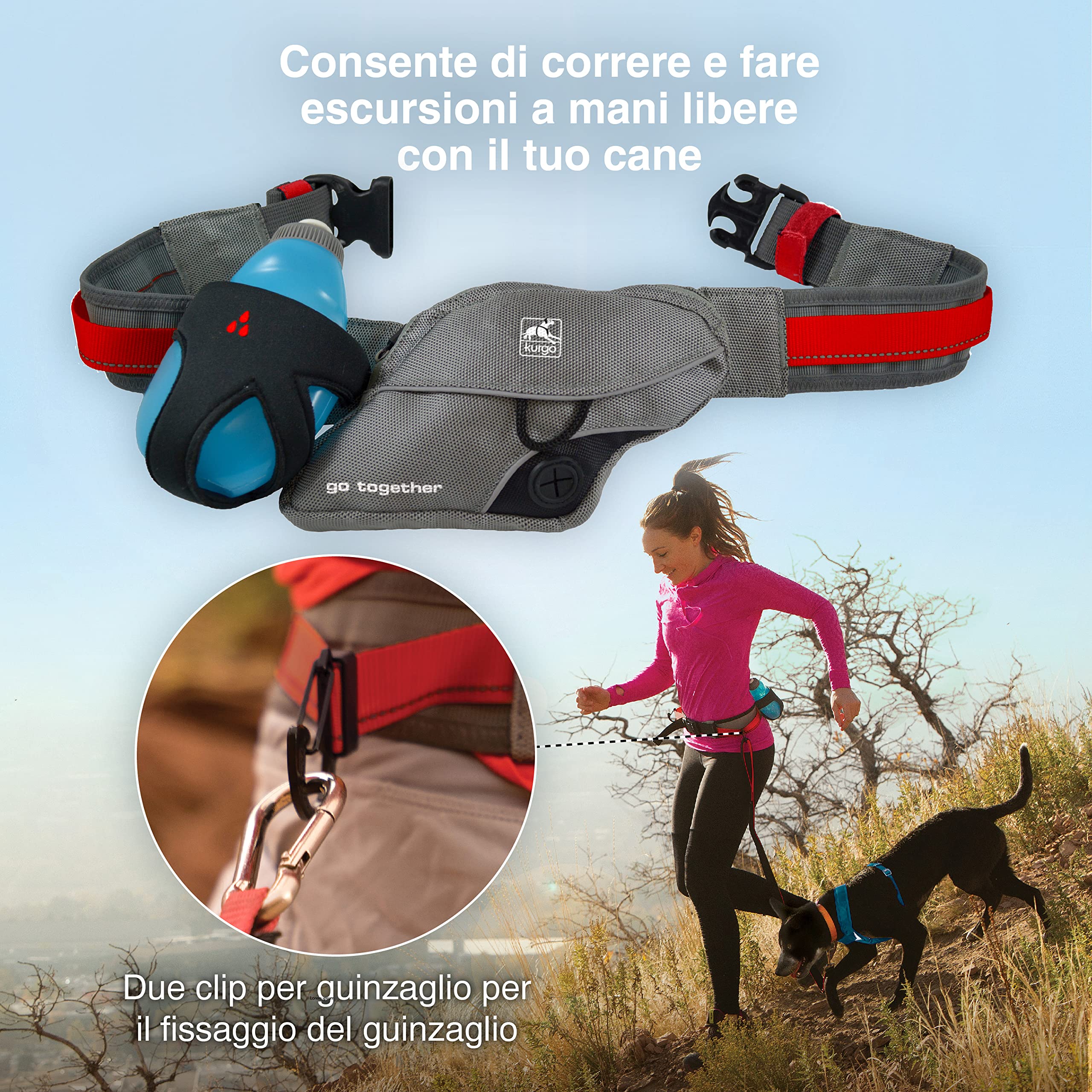 Kurgo Cintura da Corsa per Cani, Cintura da Guinzaglio per Cani, Regolabile, Catarifrangente, a Mani Libere, con Clip per Guinzaglio