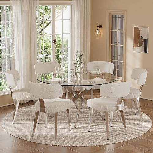 Miniatura 18 de Juego de mesa de comedor pequeña para 4, mesa de cocina redonda de 36 pulgadas con 4 sillas de comedor Teddy Boucle, parte superior de vidrio Todo