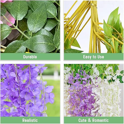 Miniatura 3 de BLEUM CADE 20 flores colgantes de glicina falsas blancas y moradas, 3.6 piesunidad, guirnaldas de glicina artificial, flores colgantes para bodas,