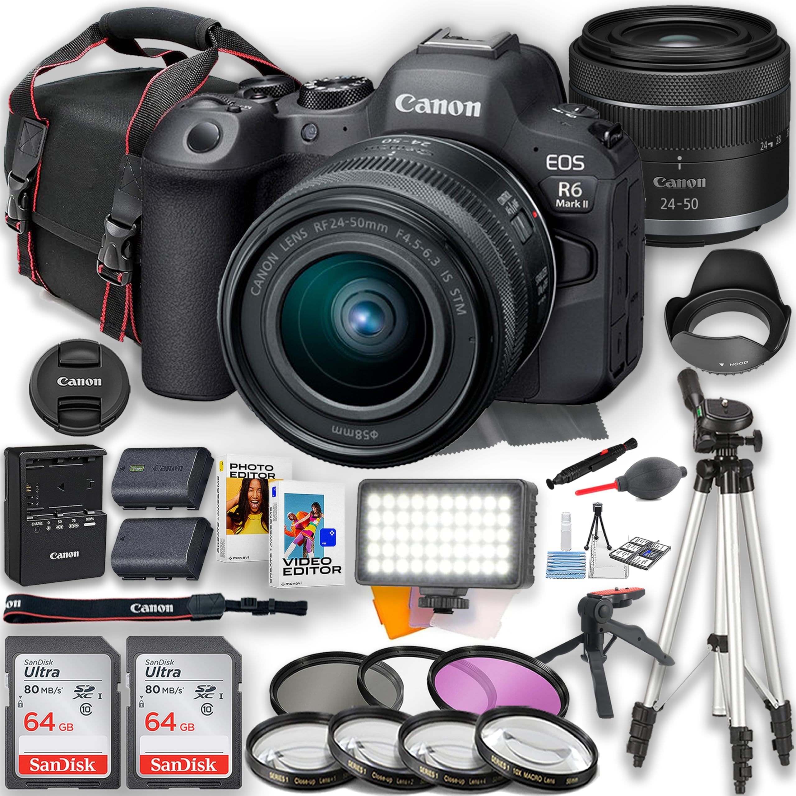 Canon EOS R6 Mark II Mirrorless Camera with RF 24-50mm f/4.5-6.3 IS STM Lens and LED Video Light + 128GB Memory + Camera Case + Extra Battery + Filters + Tripod & More (Renewed)