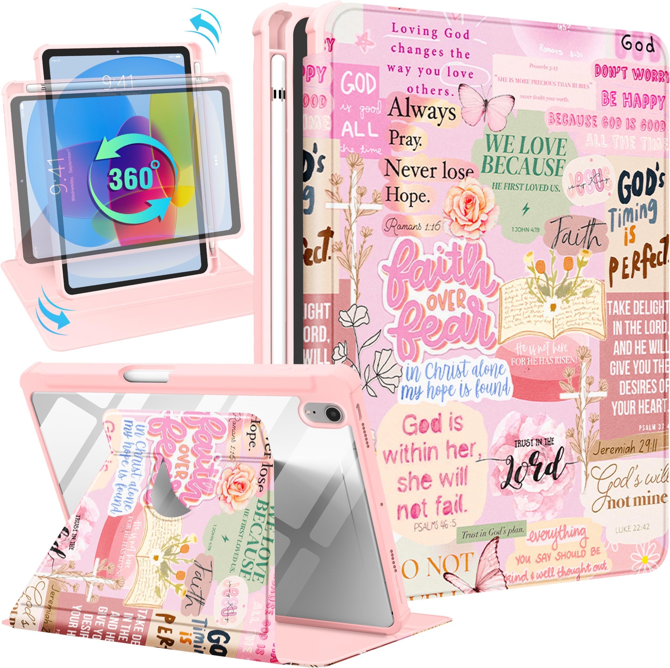 Uppuppy for iPad mini 7 Case (A17 Pro) for iPad mini 6th Generation Case - 360 Rotating Stand Folio Smart Cover with Pencil Holder for Women, Christian Words for Apple Tablet Mini 8.3 inch 2024/2021