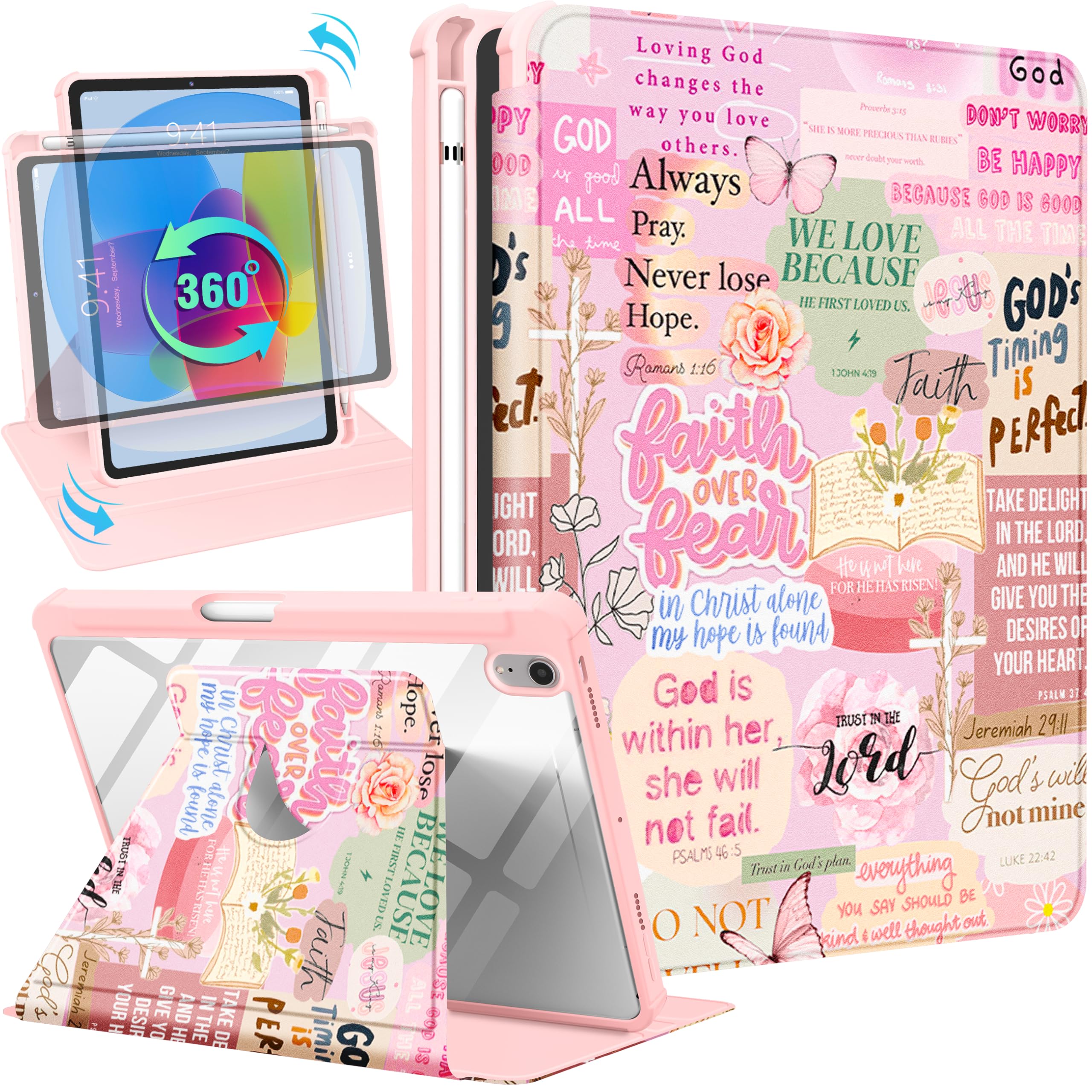 for iPad mini 7 Case (A17 Pro) for iPad mini 6th Generation Case - 360 Rotating Stand Folio Smart Cover with Pencil Holder for Women, Christian Words for Apple Tablet Mini 8.3 inch 2024/2021