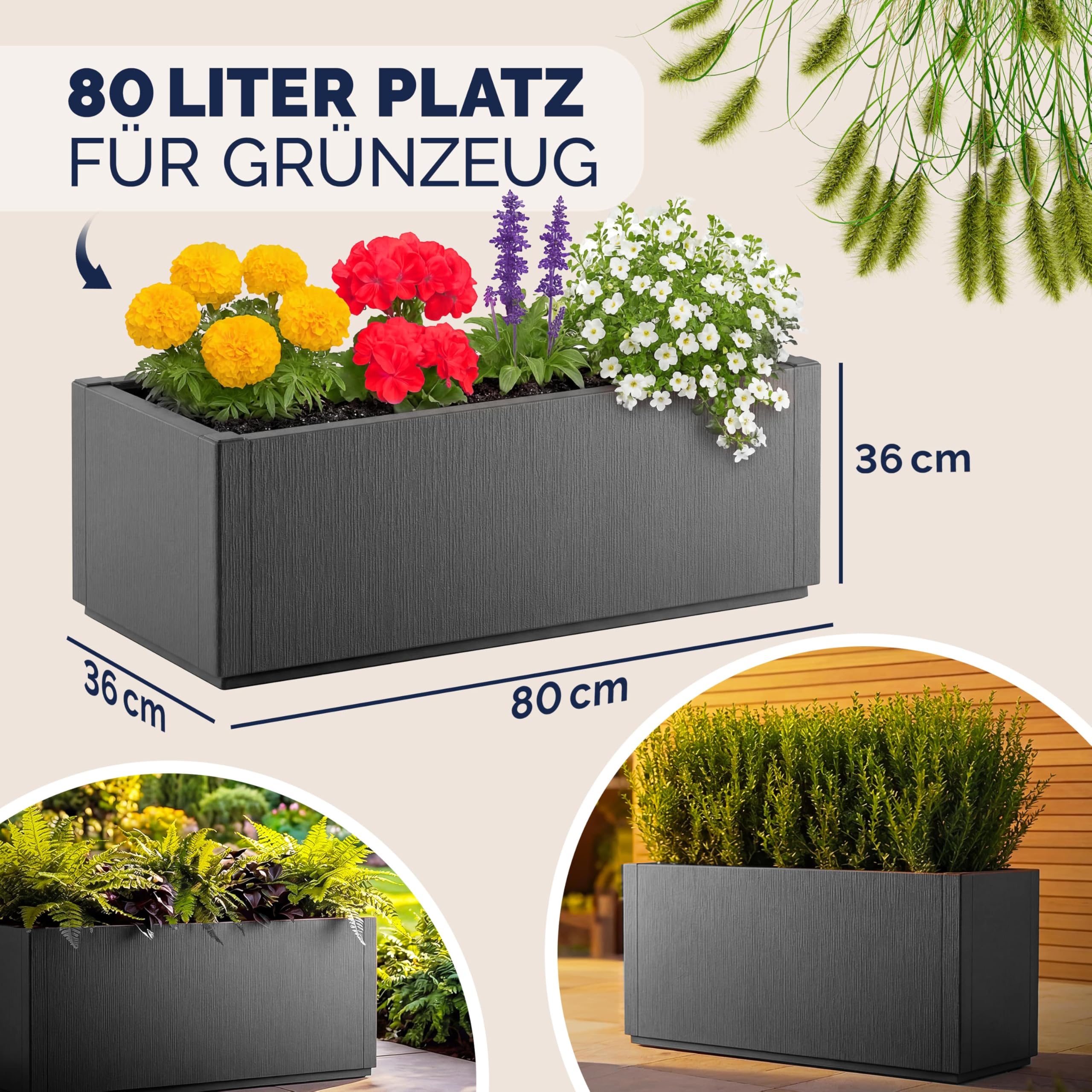 Casaria® 2X Blumenkasten 'Ethica' 80L 80x36x35cm Ablaufboden Kunststoff Winterfest Garten Pflanzkübel Übertopf Pflanzkasten Blumenkübel Anthrazit