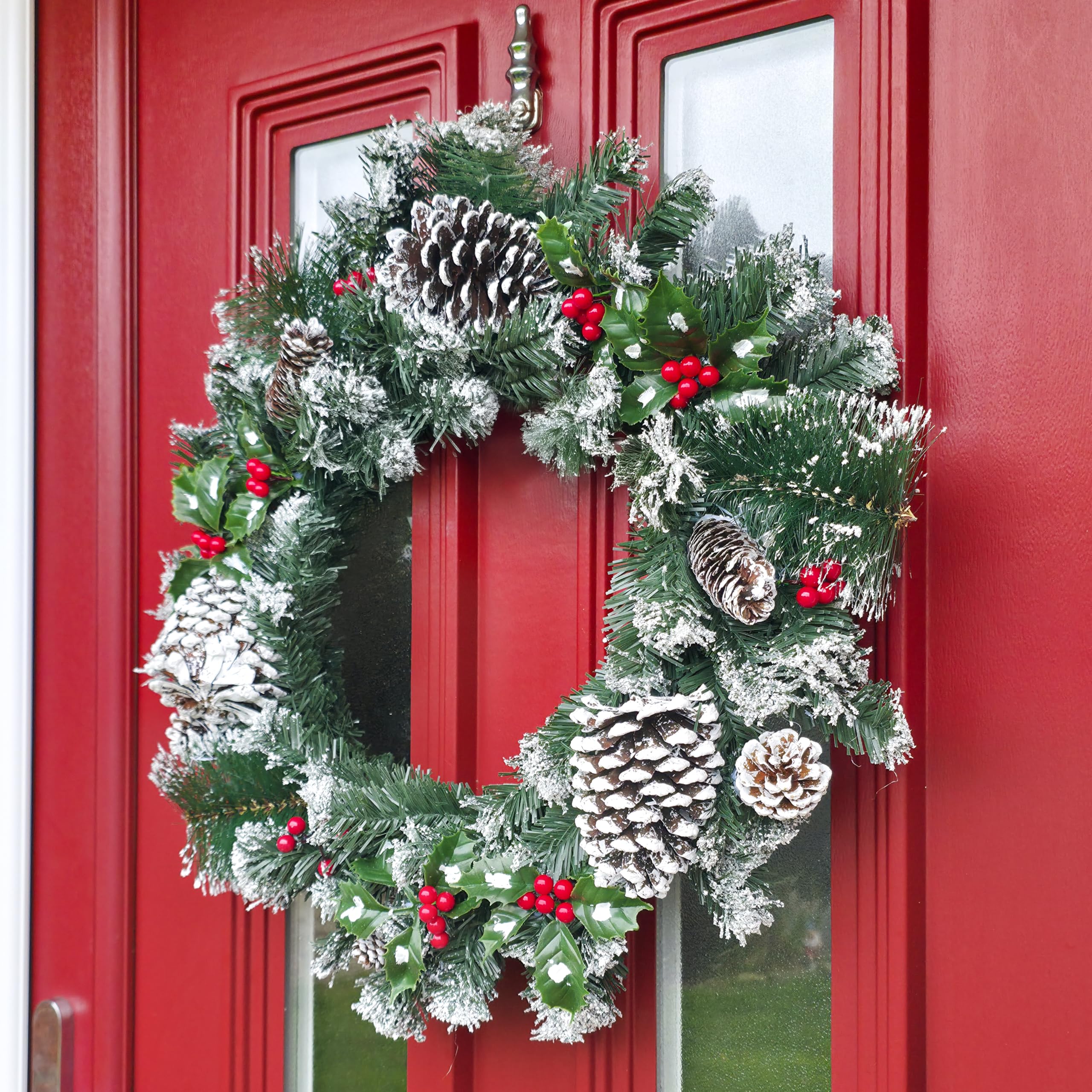 HomeZone® Festive Couronne de Noël décorée de neige avec baies et pommes de pin 50 cm