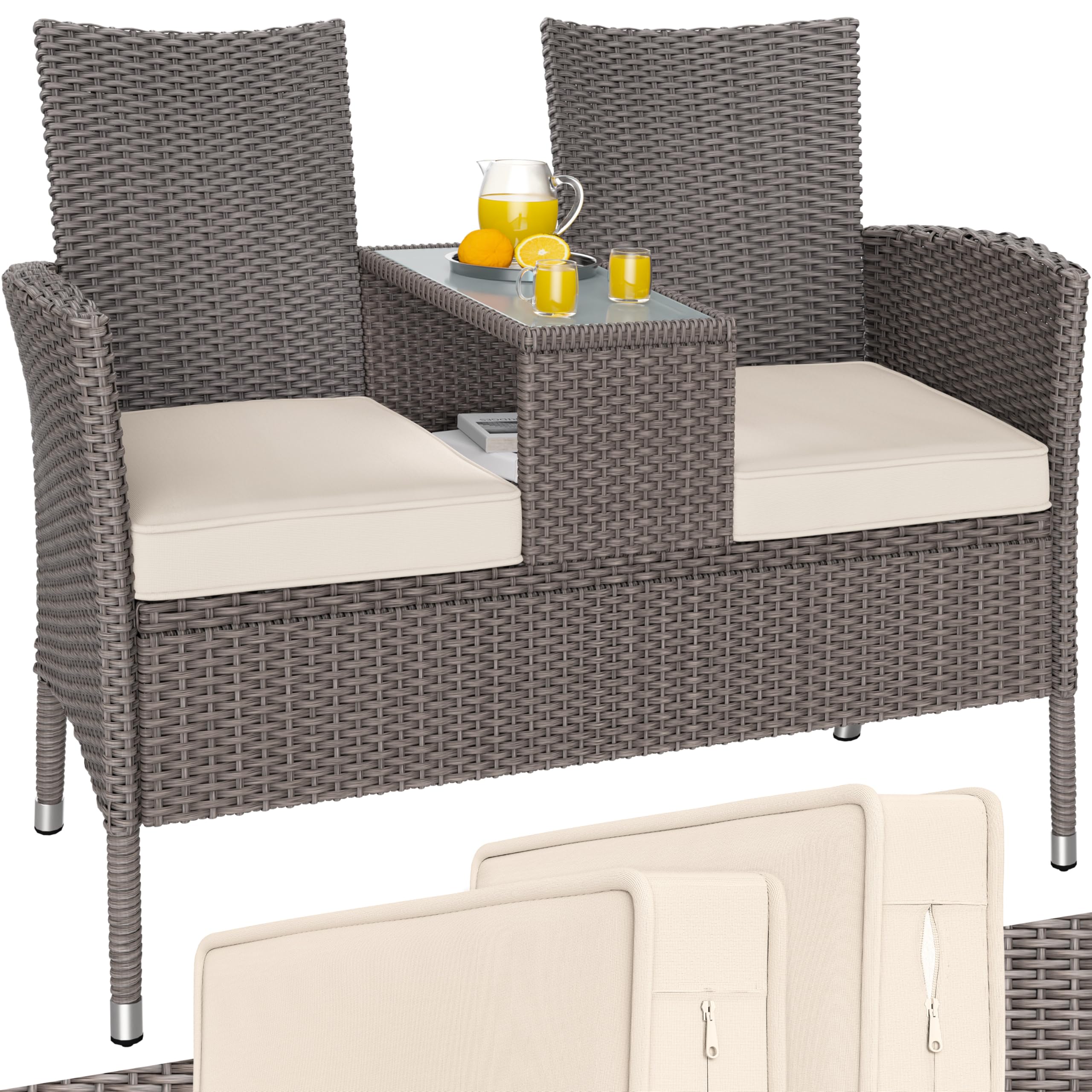CASARIA® Banco Terraza Exterior 2 Asientos Poliratán hasta 320Kg Mesa Cristal con Cojines Estante Resistente Intemperie 145x58cm Crema