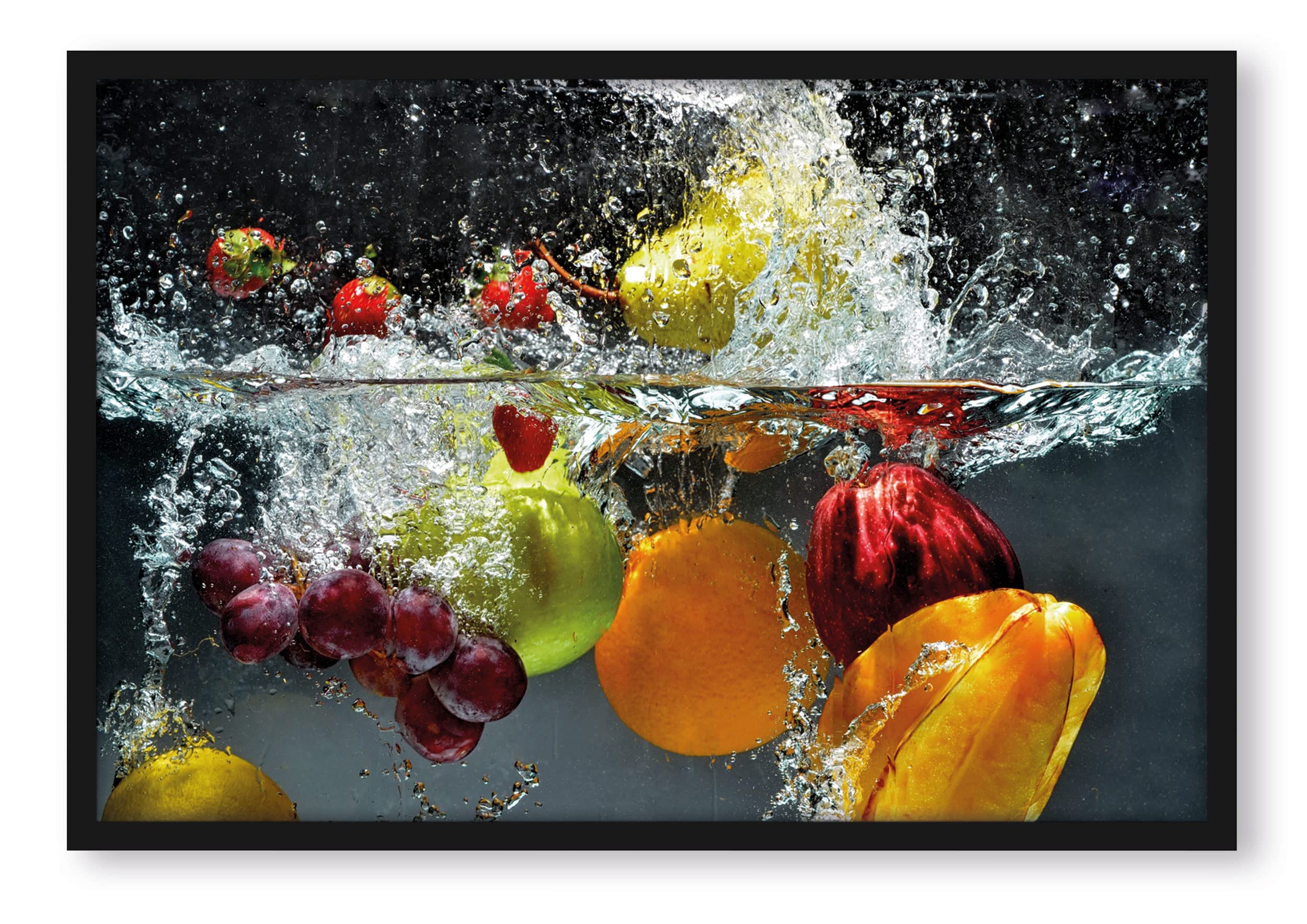 Pixxprint Früchte fallen ins Wasser, Poster im Bilderrahmen, Format: 80x60cm, Kunstdruck gerahmt