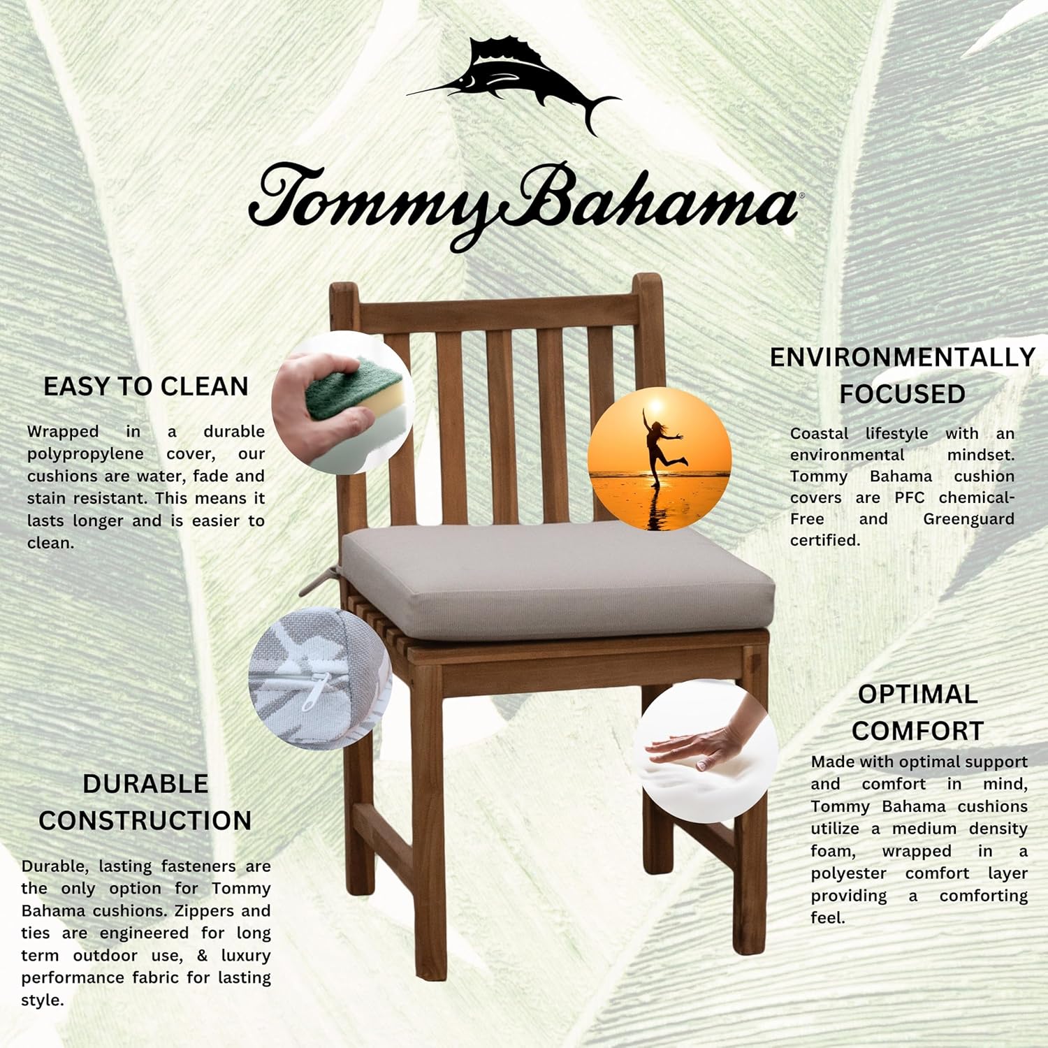 Tommy Bahama Sunbrella® Fabric 1-Piece Outdoor Knife Edge Dining Chair Cushion, 17" W x 17" L, Bamboo Bay Sand
