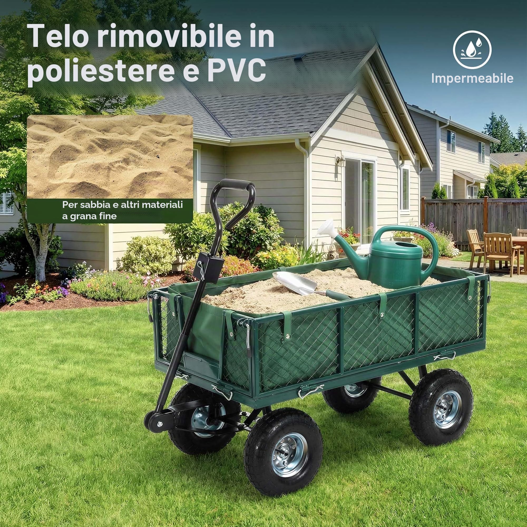 Wiltec Carrello da trasporto con sponde ribaltabili max 300 kg, incl.telone, per giardino campagna