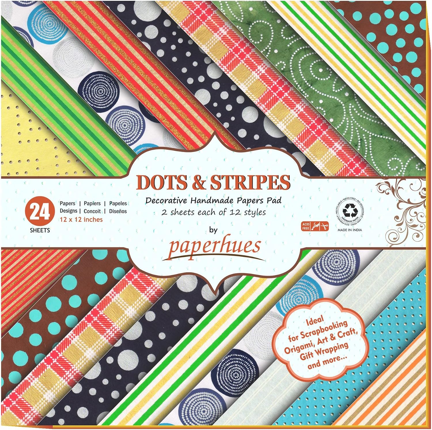 Paperhues Dots & Stripes Scrapbook Paper 12 x 12" Pad, 24 Sheets