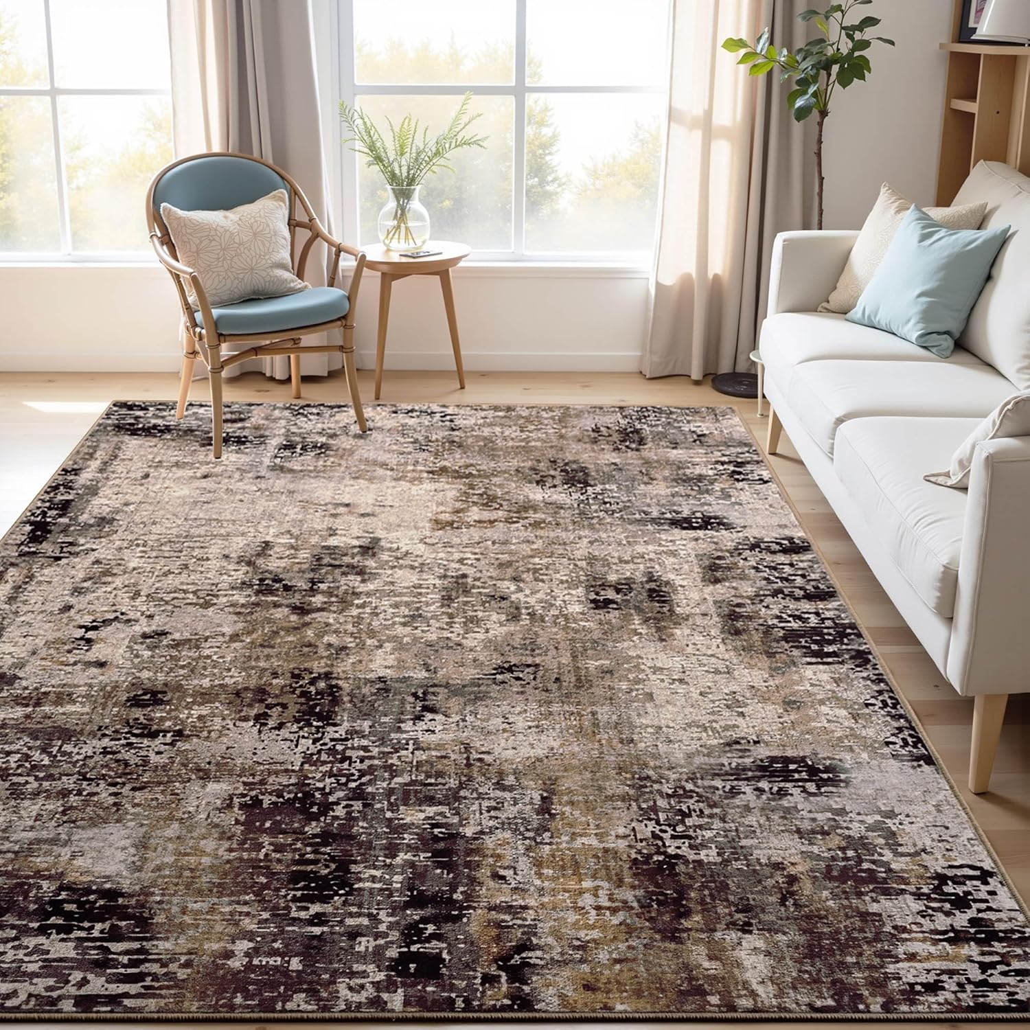 Area Rug 4x6 Brown Rug Washable Boho Rugs Non Slip Low Pile Abstract Coffee Small Carpet for Entryway, Bedroom, Kitchen, Classroom, Kids Room, Office, Dorm, Dining Room
