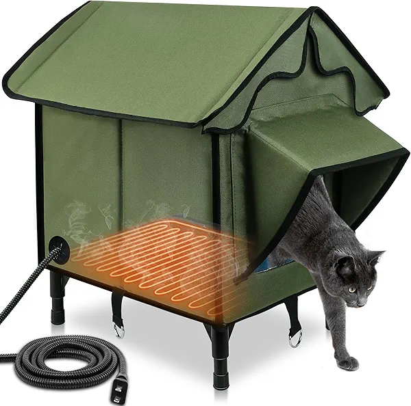 Newget Heated Cat House for Outside, Winter Insulated Cats House with Heated Pad, Waterproof Weatherproof Cat Shelter for Outdoor Indoor Cats, Cozy Elevated Feral Cat House Bed Green 21x19.4x16.5 in