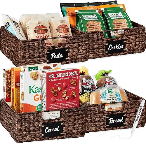 Miniatura 8 de Best Choice Products Juego de 4 cestas de despensa de jacinto de agua de 9 x 12 pulgadas, organizadores de cocina tejidos con etiqueta de pizarra,