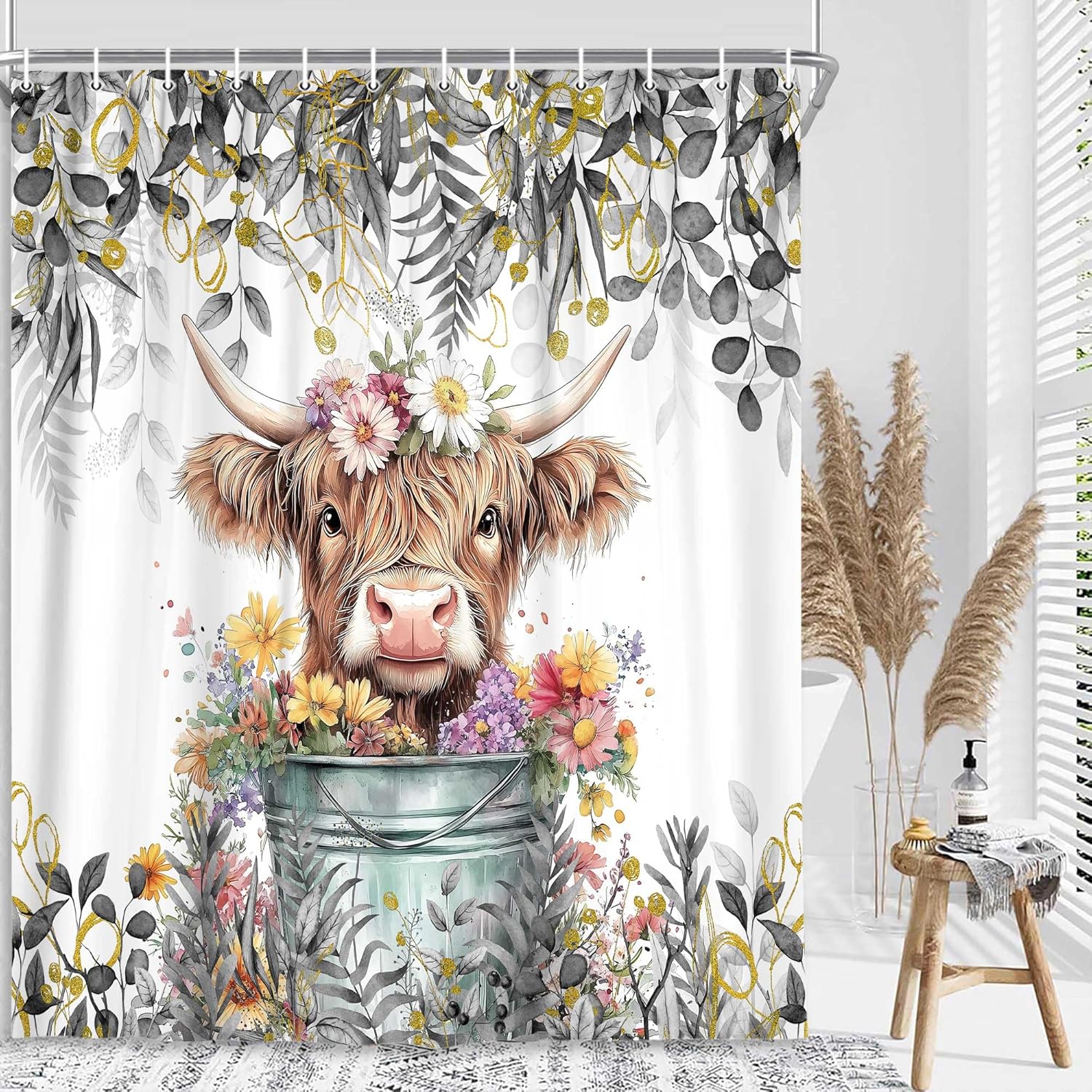 Gray Grey Eucalyptus Highland Cow Shower Curtain, Watercolor Plant Leaves with Floral Farmhouse Bath Curtain, Funny Animals Bathroom Accessories Botanical for Bathroom Curtain Set with Hooks, 69X84in