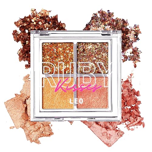 Ruby Kisses Paleta de gemas con purpurina, 4 tonos altamente pigmentados, textura mantecosa, maquillaje de ojos de larga duración (Leo)