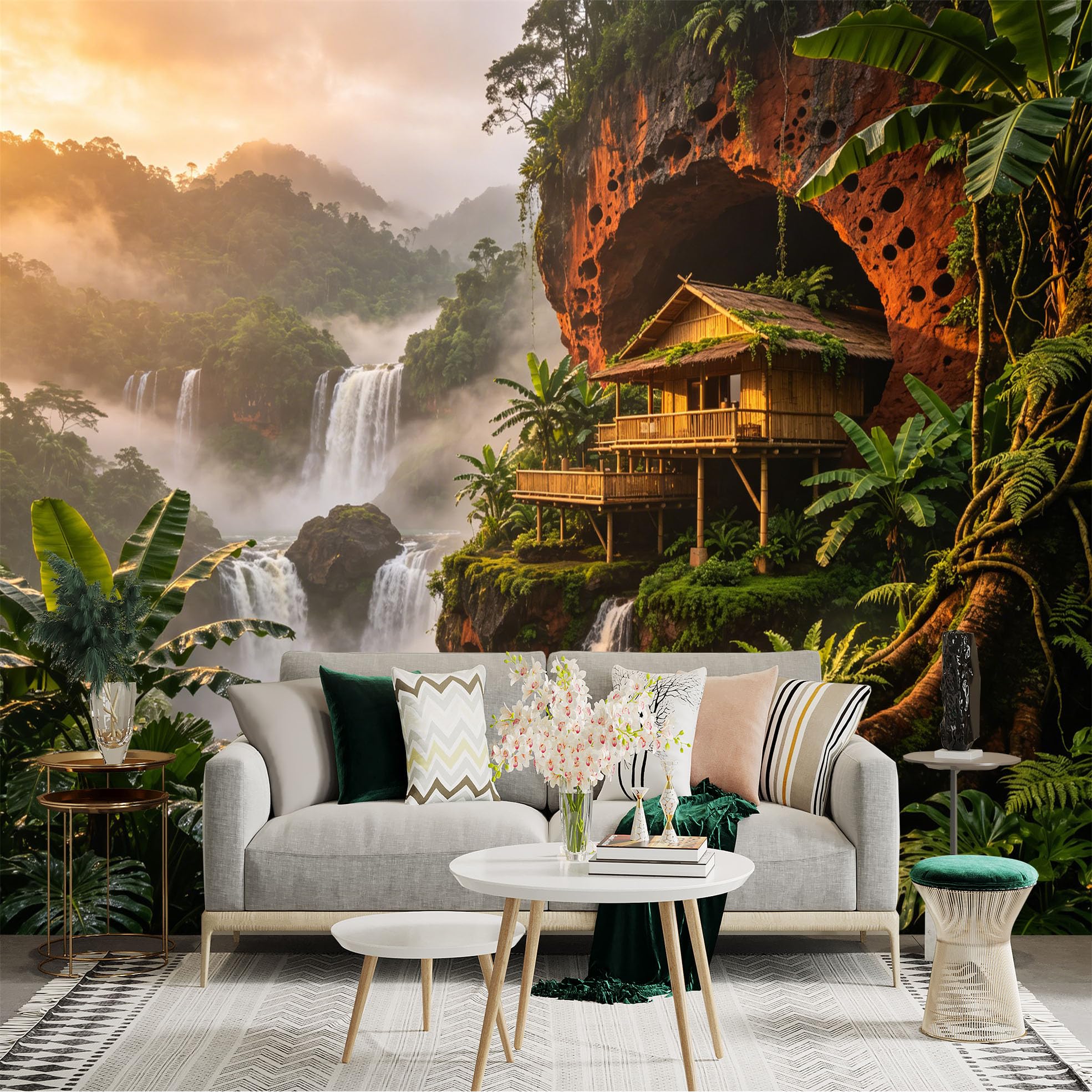 Custom Size Wall Sticker Mural， Tropical Jungle Waterfalls with Wooden Cabin and Misty Forest， for wall Decoration， peelandstick wall Decals.